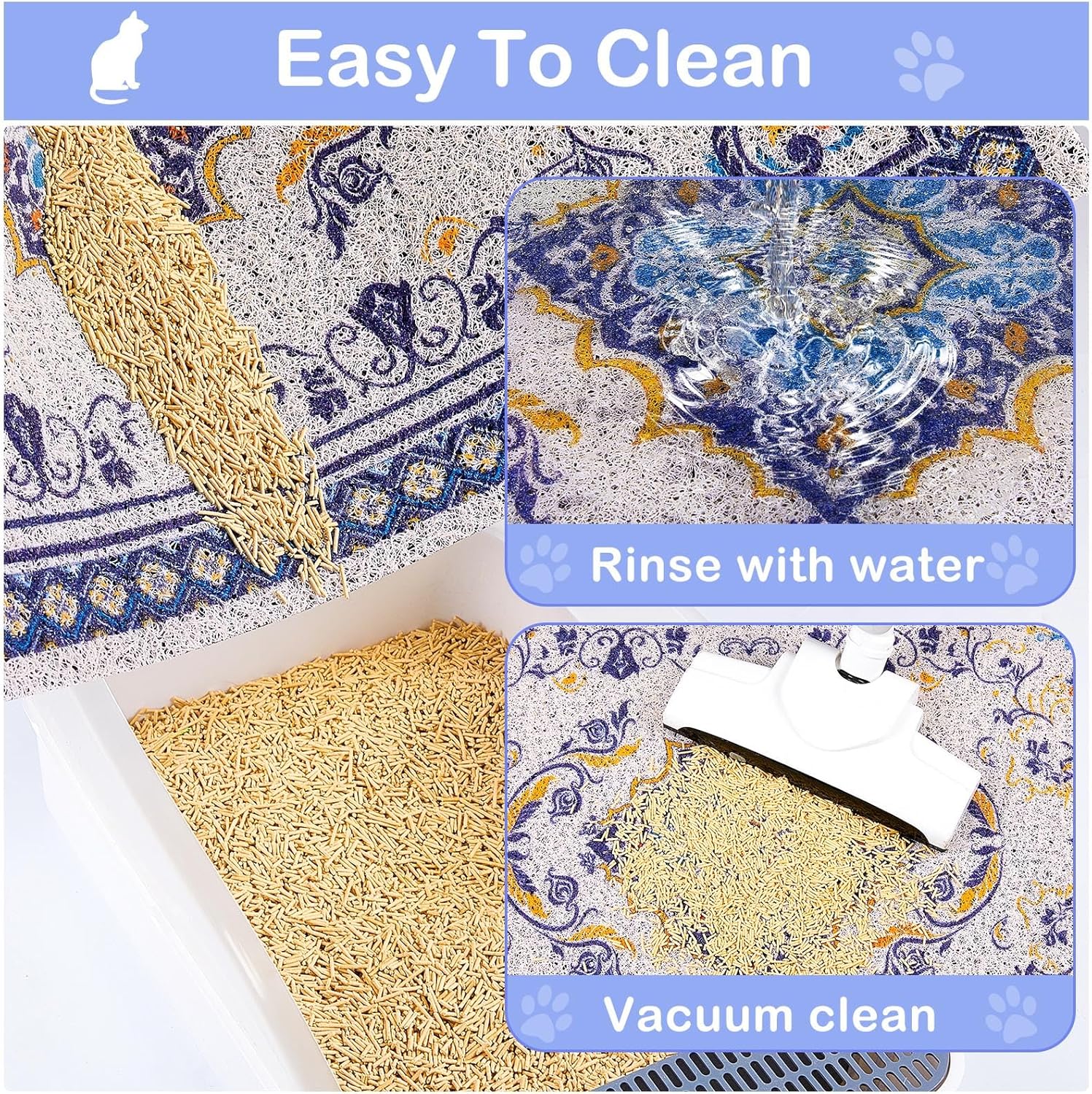 Glittme Cat Litter Mat with Non-Slip Bottom Litter Box Mat 24"x15" Litter Trapping Mat Easy to Clean Washable Cat Food Mat for Kitty,S