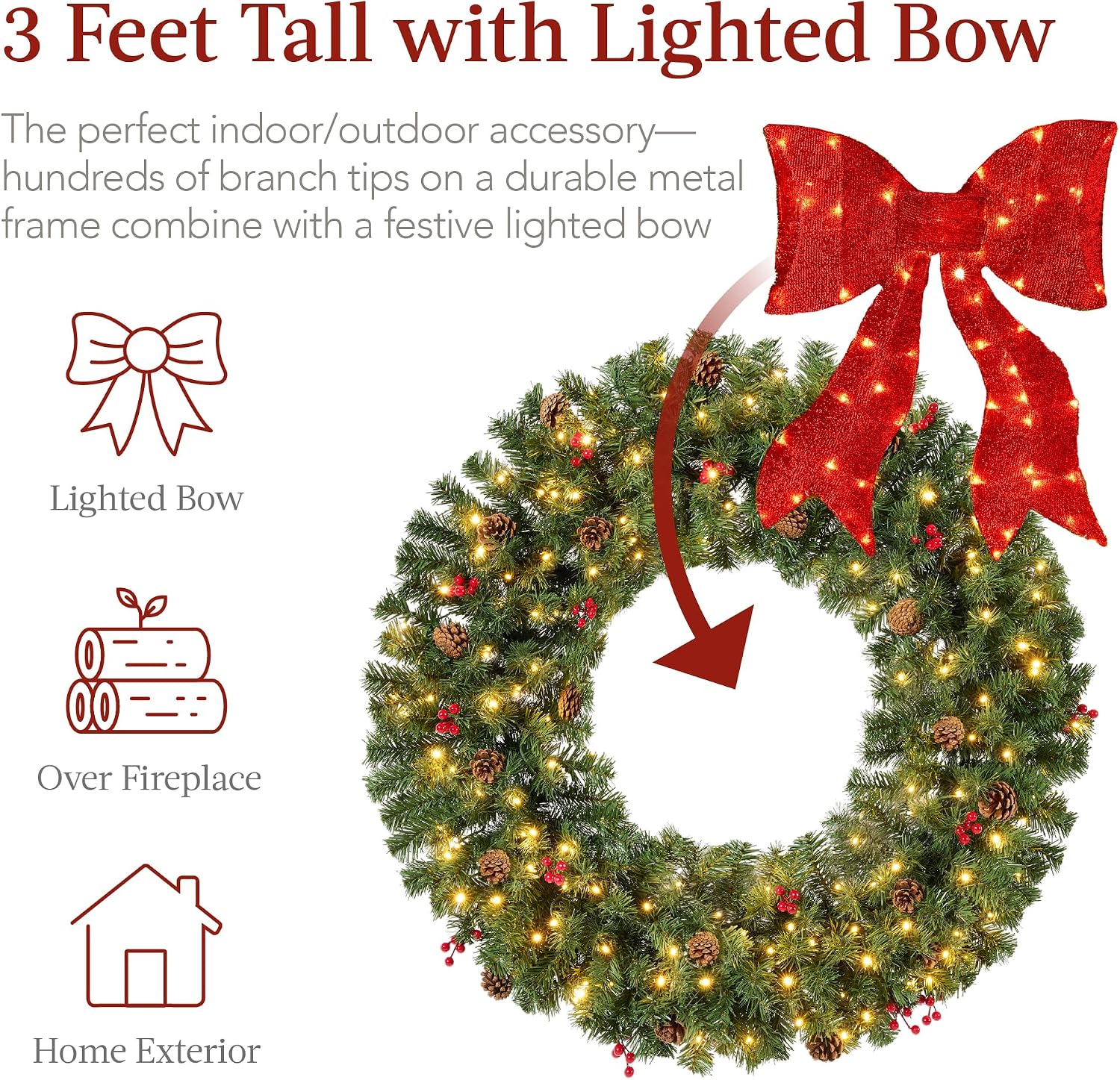 Best Choice Products 36in Pre-Lit Christmas Wreath w/Berries & Pinecones, Large Artificial Indoor/Outdoor Decor for Door, Mantel w/Red Bow, Plug-in