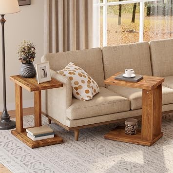 Solid Wood C-Shaped End Table Set of 2, Wooden Side Table for Sofa, 2-Tier Bedside Nightstand for Living Room, Bedroom