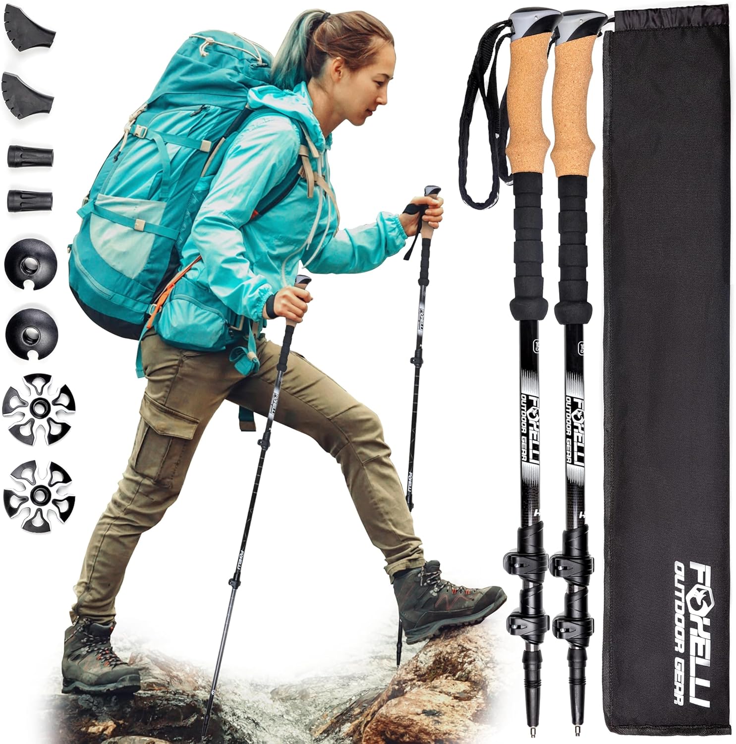 Foxelli Carbon Fiber Trekking Poles – Lightweight Collapsible Hiking Poles with Cork Grips, Lever Locks & All Terrain Accessories Black