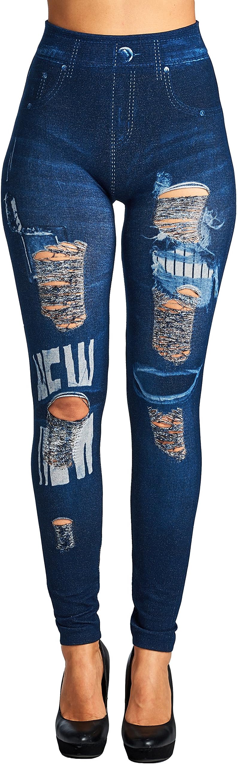Womens Juniors High Waist Distressed and Ripped Detail Denim Print Leggings