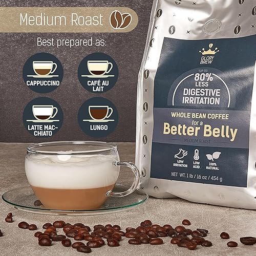 Miniatura 4 de Glorybrew Café de grano entero bajo en ácido 1 lb I Granos de café de tostado medio I para estómagos sensibles - Menos irritación I Tapa de rosca