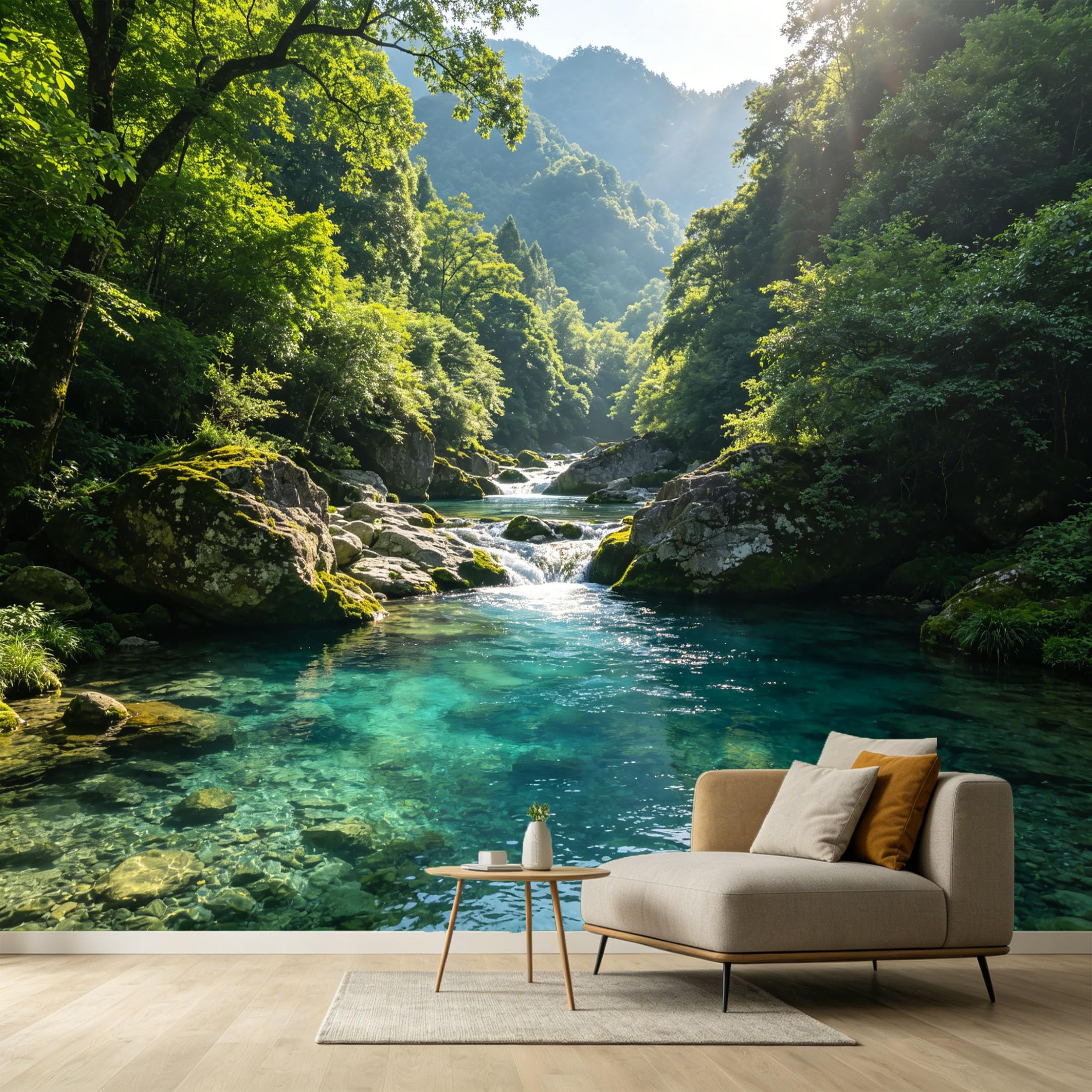 Custom Size Wall Murals Forest Mountain Lake Landscape Nature Scenery Sunlight River Rocks SelfAdhesive Wall Fabric Removable Large Wallpaper for Photo Living Room