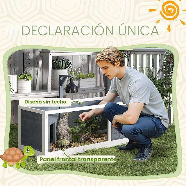 Foto 5 de 8 de PawHut Casa Tortuga de Madera con 2 Viviendas, 120x50x40 cm, Gris