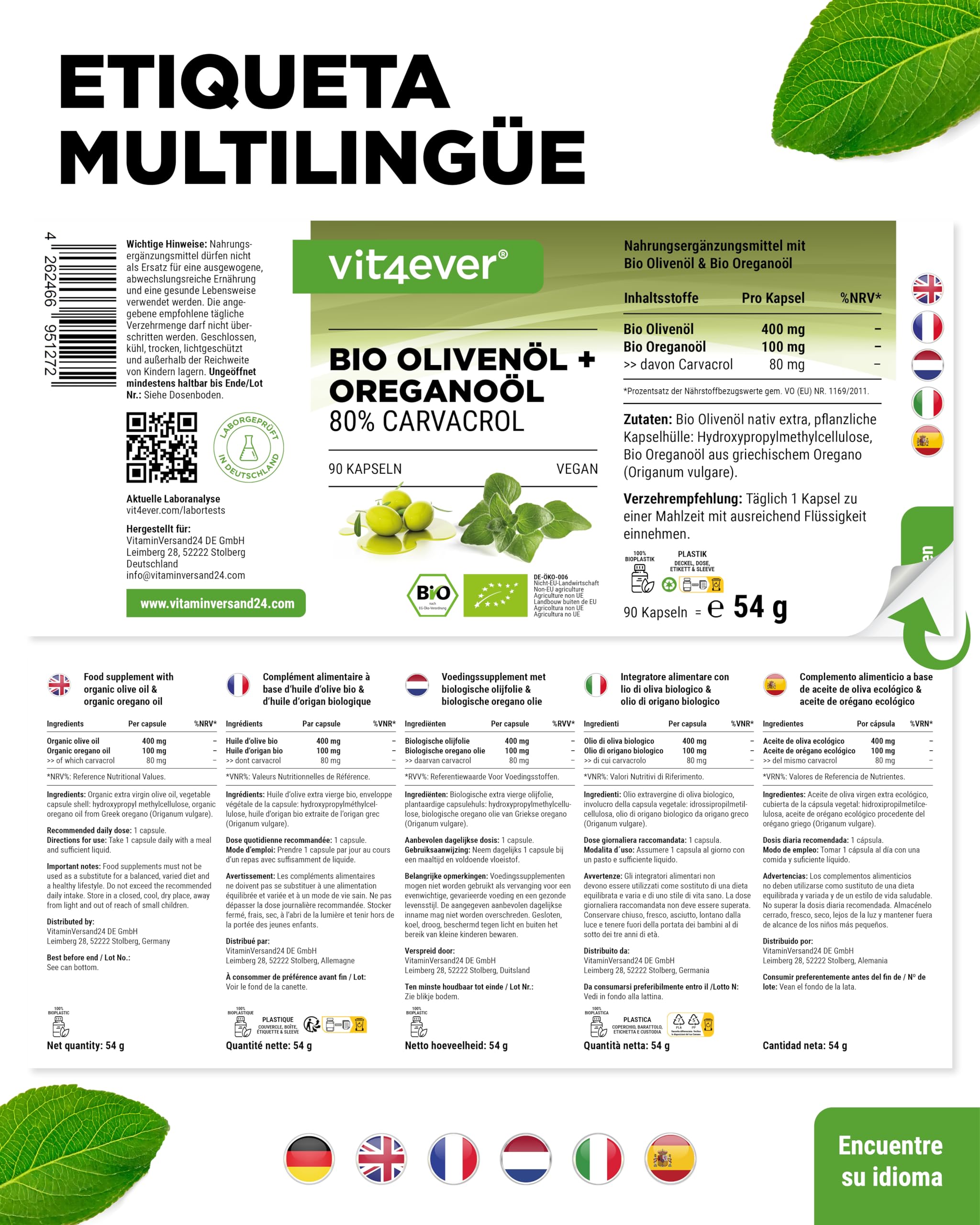 Aceite de orégano ecológico y carvacrol 80 mg - 90 cápsulas con aceite de oliva virgen de cultivo controlado - Orégano griego alta dosis - Vegano