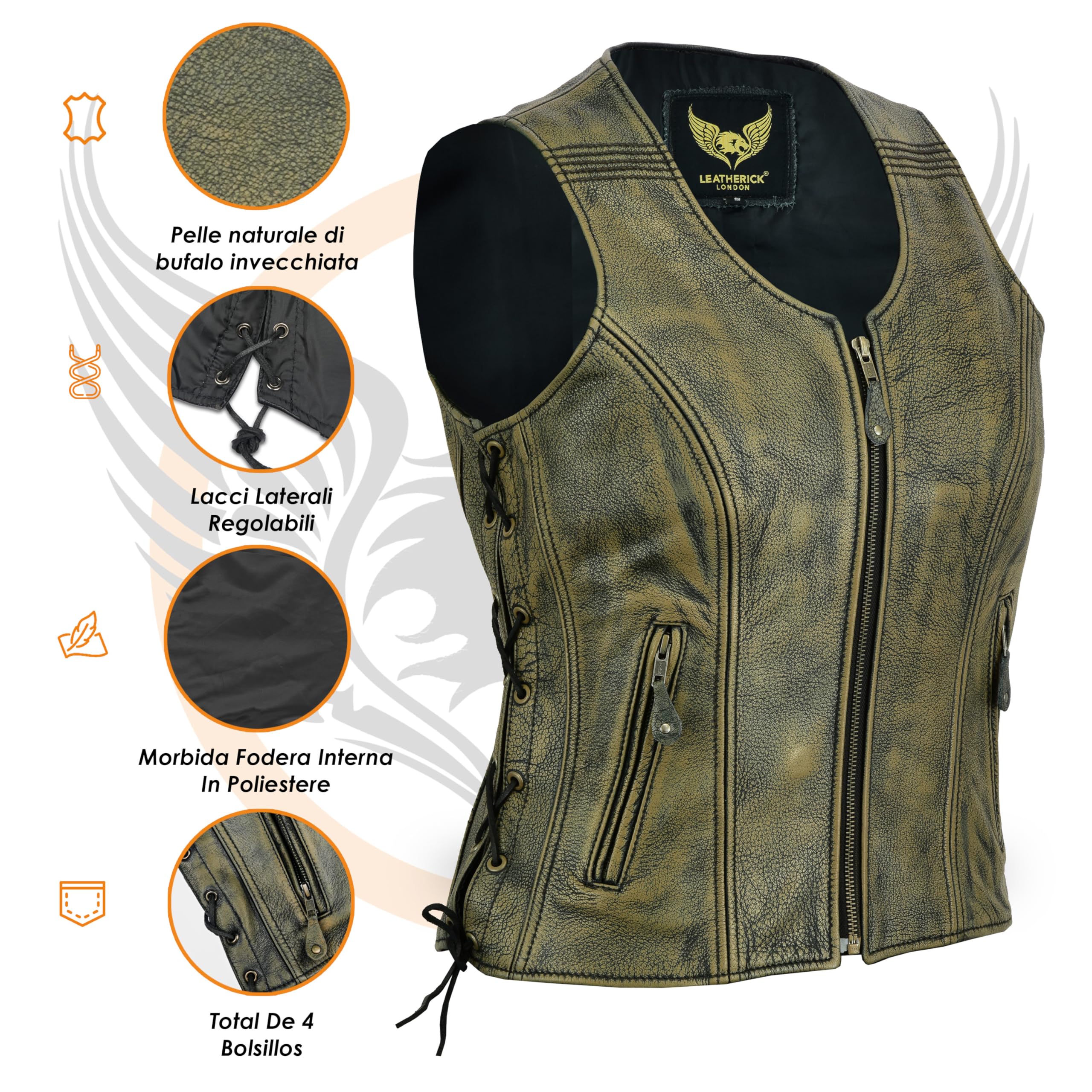 Leatherick Gilet in pelle vintage da donna senza maniche in vera pelle di bufalo marrone invecchiato, gilet/giacca