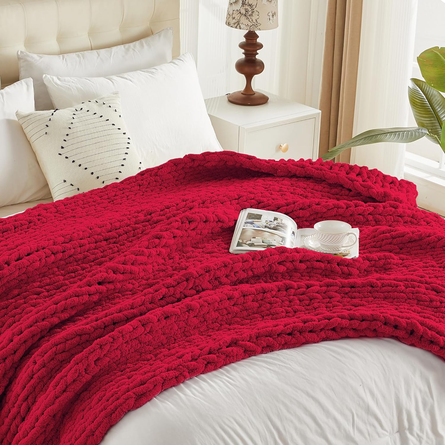 Carriediosa Chunky Knit Throw Blanket 60" X 80" Twin, 100% Hand Made Large Chenille Loop Yarn Soft Fluffy Throws for Couch Sofa Bed, Big Crochet Cozy Heavy Thick Cable Woven Blankets, Red - Image 9