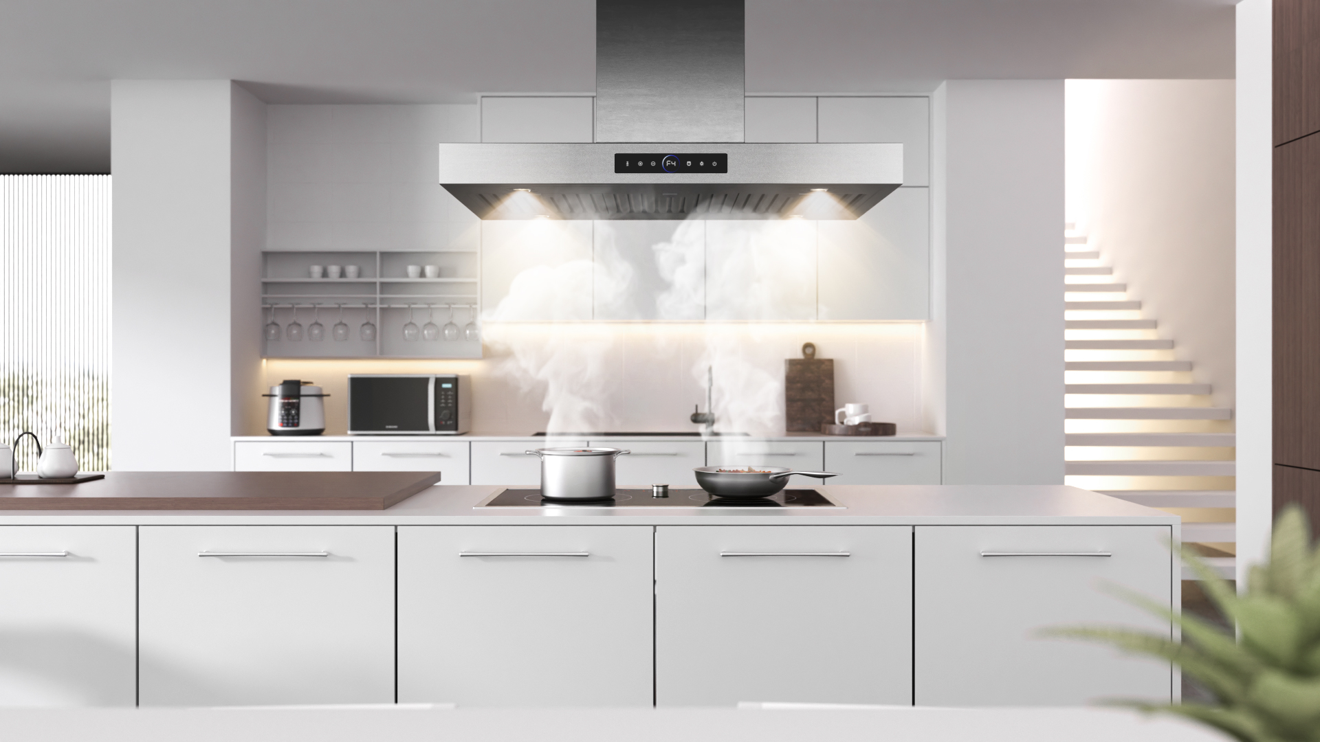 Image of 36 inch Island Range Hood Ceiling Mount 1200 CFM with 4-Speed Gesture Sensing & Touch Control, Ducted /Ductless Stainless Steel Kitchen Stove Vent Hoods with 4 LED Lights, Timer,Dishwasher-Safe Filters