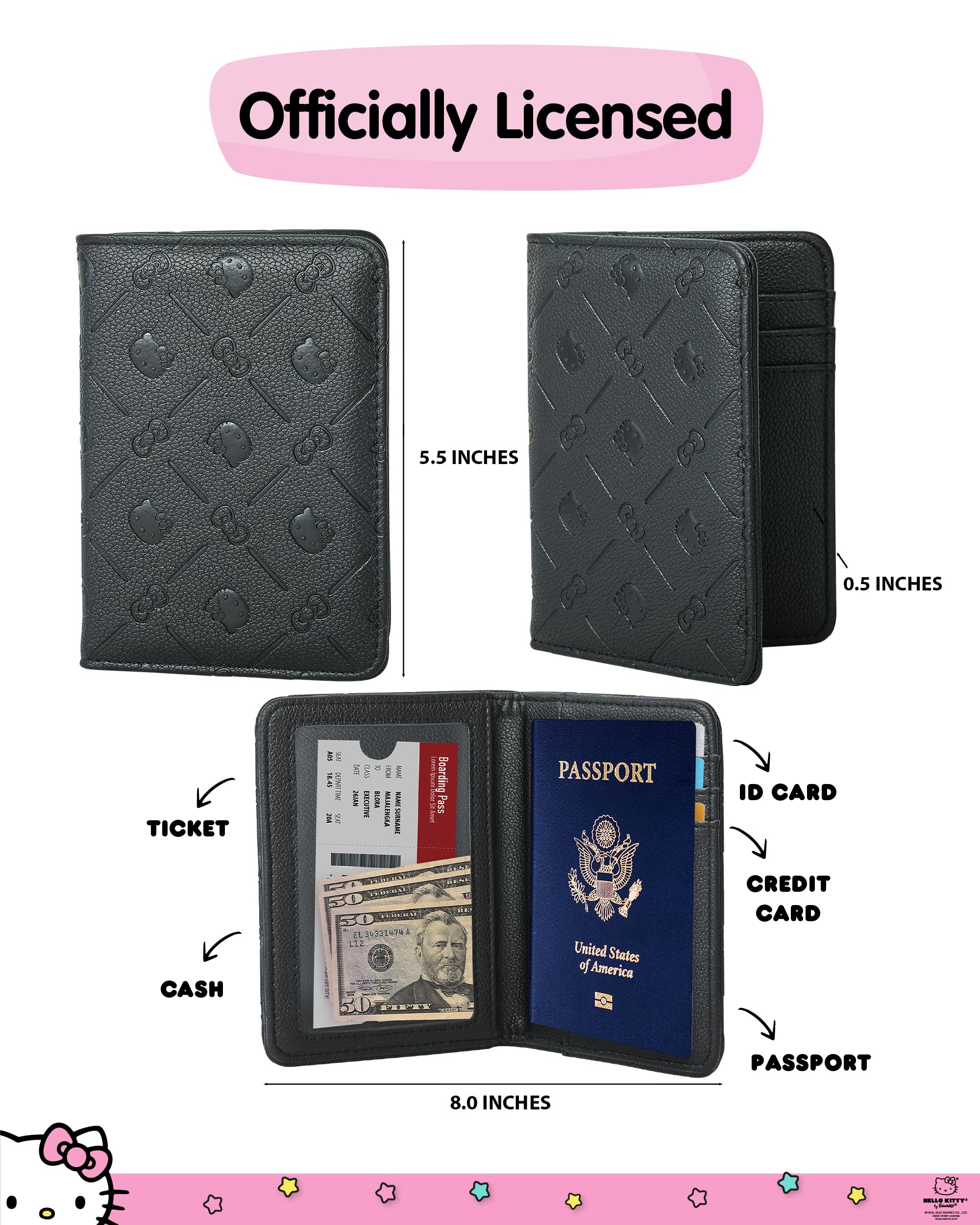 Hello Kitty Passport Holder for Travel Official License, Black Passport Cover for Women, Sanrio Gifts