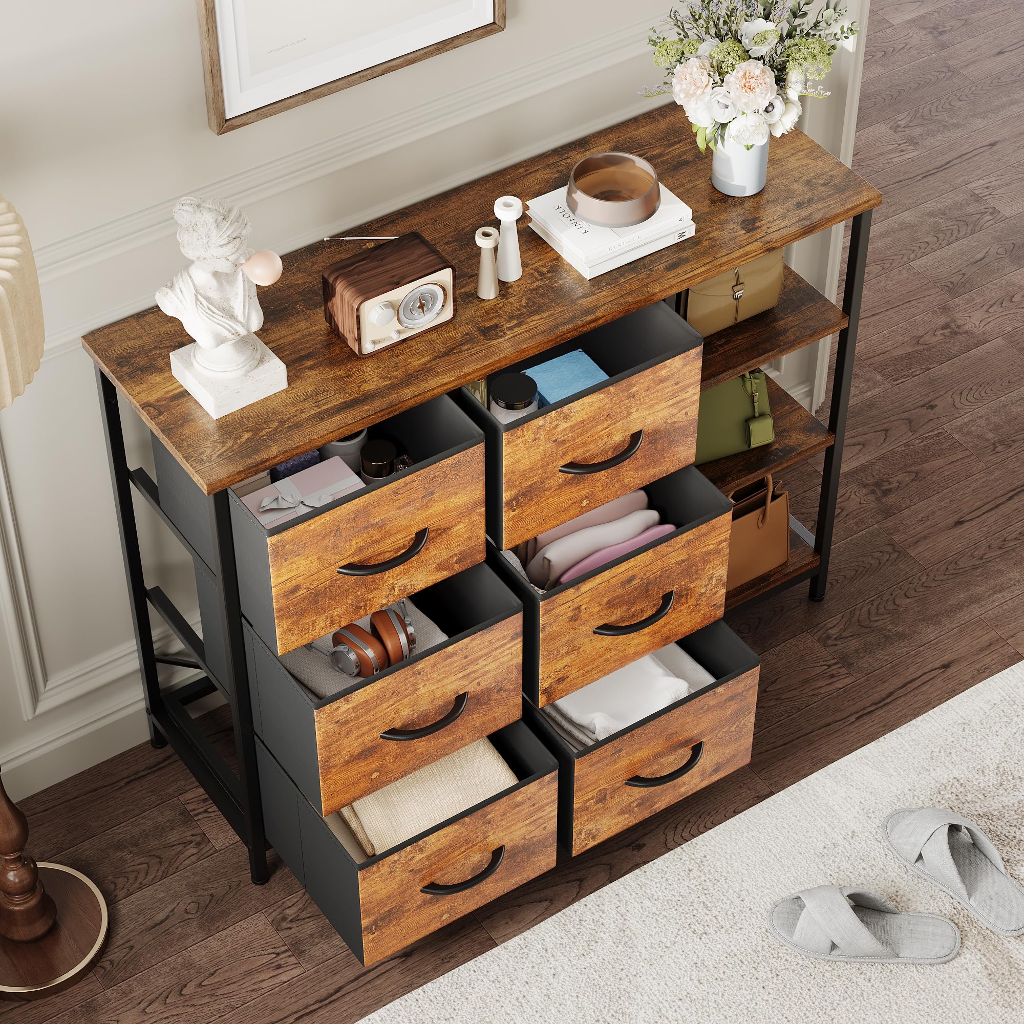 Feonase Kommode mit 6 Schubladen und offenem Ablagefach, modernes Design, Stoffbezug, 100 x 30 x 76 cm, Retro-Farbe