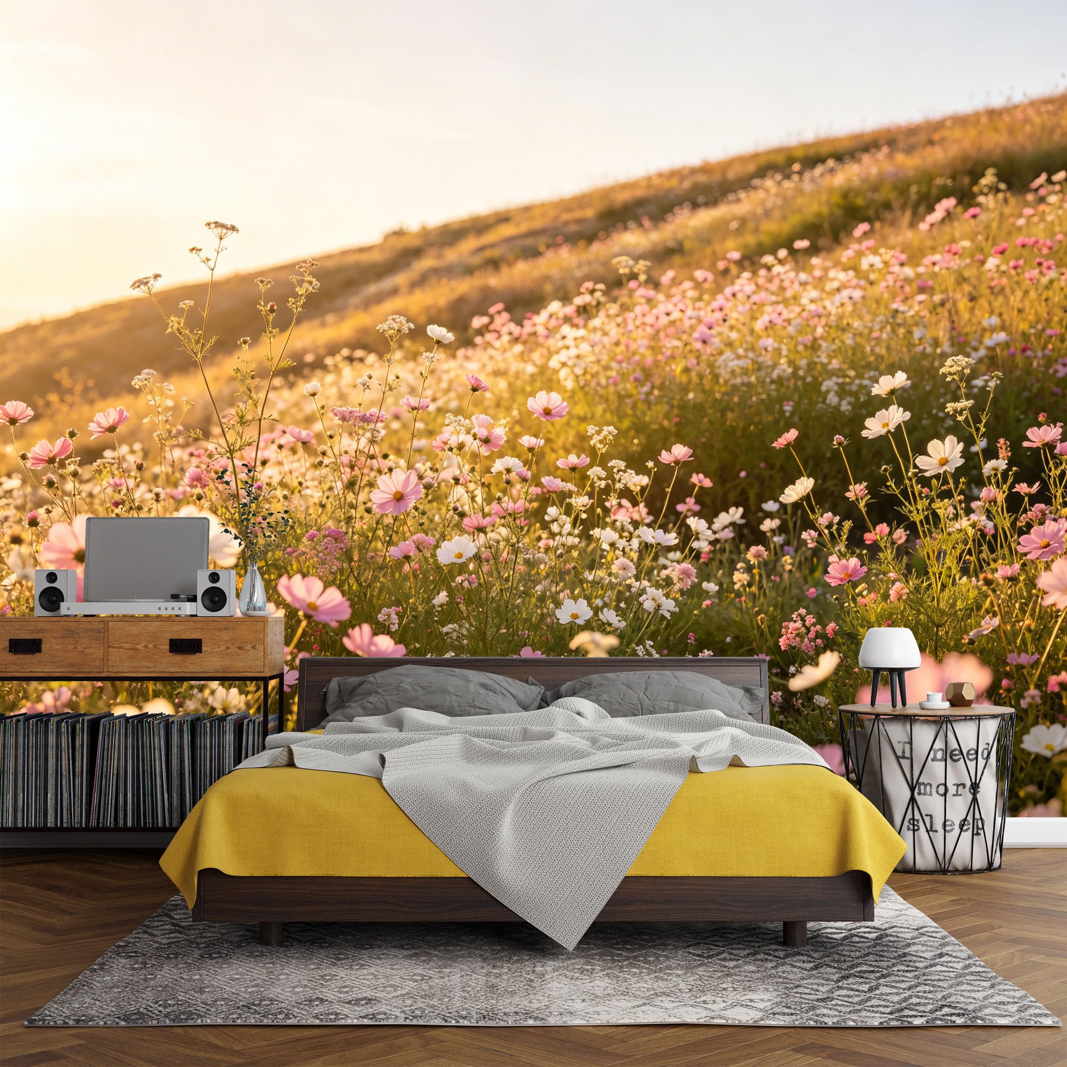 Custom Size Wall Mural， Botanical Wildflower Meadow Sunset Bloom Landscape，SelfAdhesive Art Prints wall Fabric (No PVC) Removable Wallpaper Living Room Decor