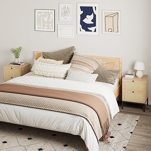 Miniatura 2 de XIAO WEI Juego de 2 mesitas de noche de ratán natural, mesita de noche bohemia con cajones, mesa auxiliar de caña decorativa para dormitorio, sala