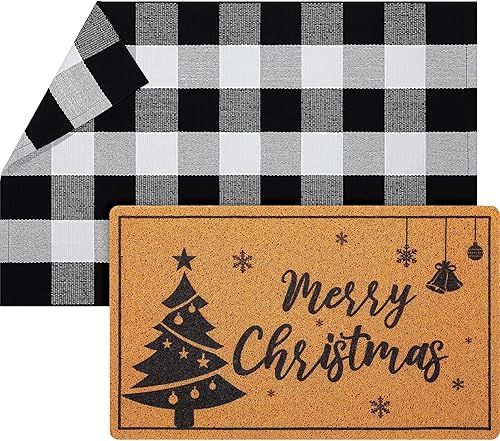 Geelin 2 tapetes de Navidad para puerta delantera, color blanco y negro, a cuadros, decorativo, imitación de fibra de coco, tapete de bienvenida