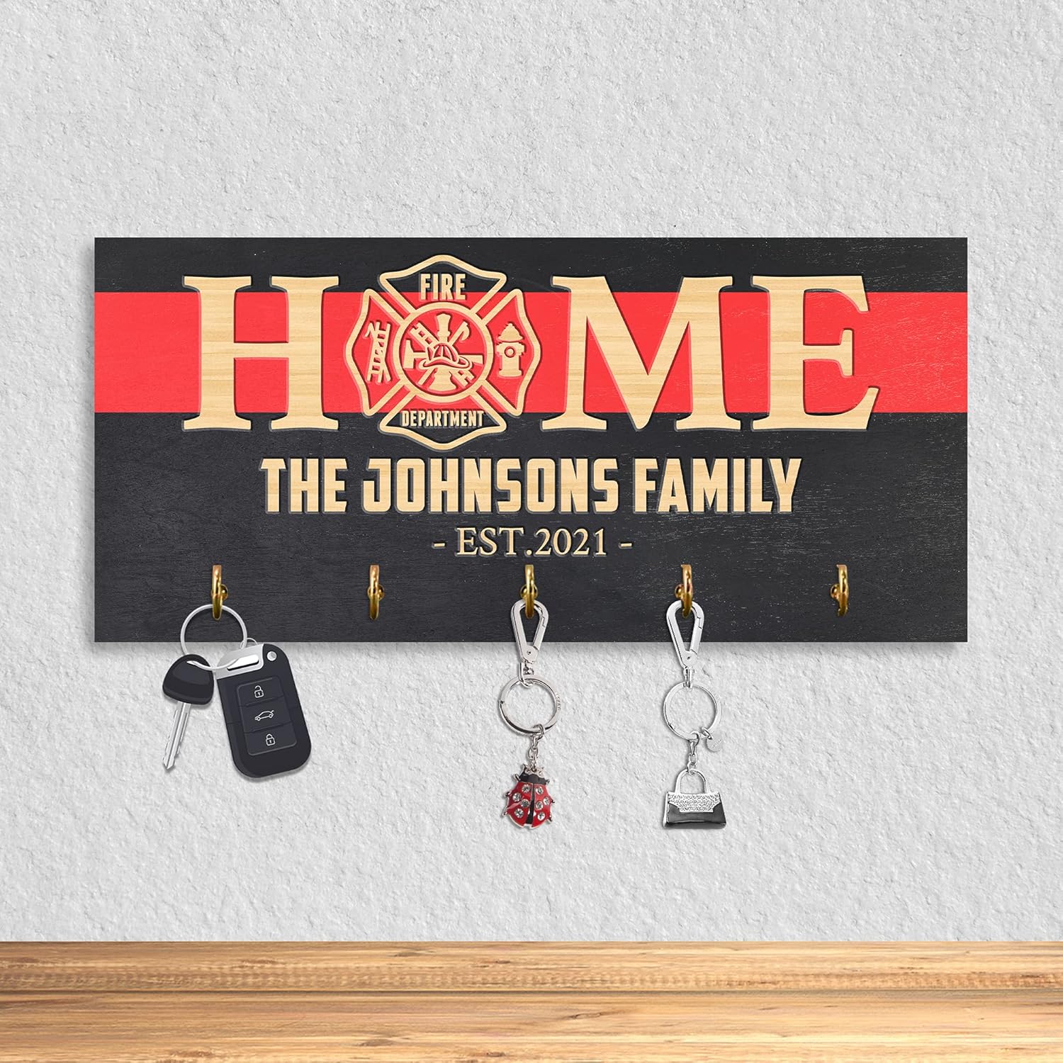 MeMate Personalized Printed Firefighter Wooden Key Hook for Home Wall Decor - Customized Family Name, Est Year Wood Keys Holder Decorative for Kitchen Housewarming and Entryway Hallway Decors