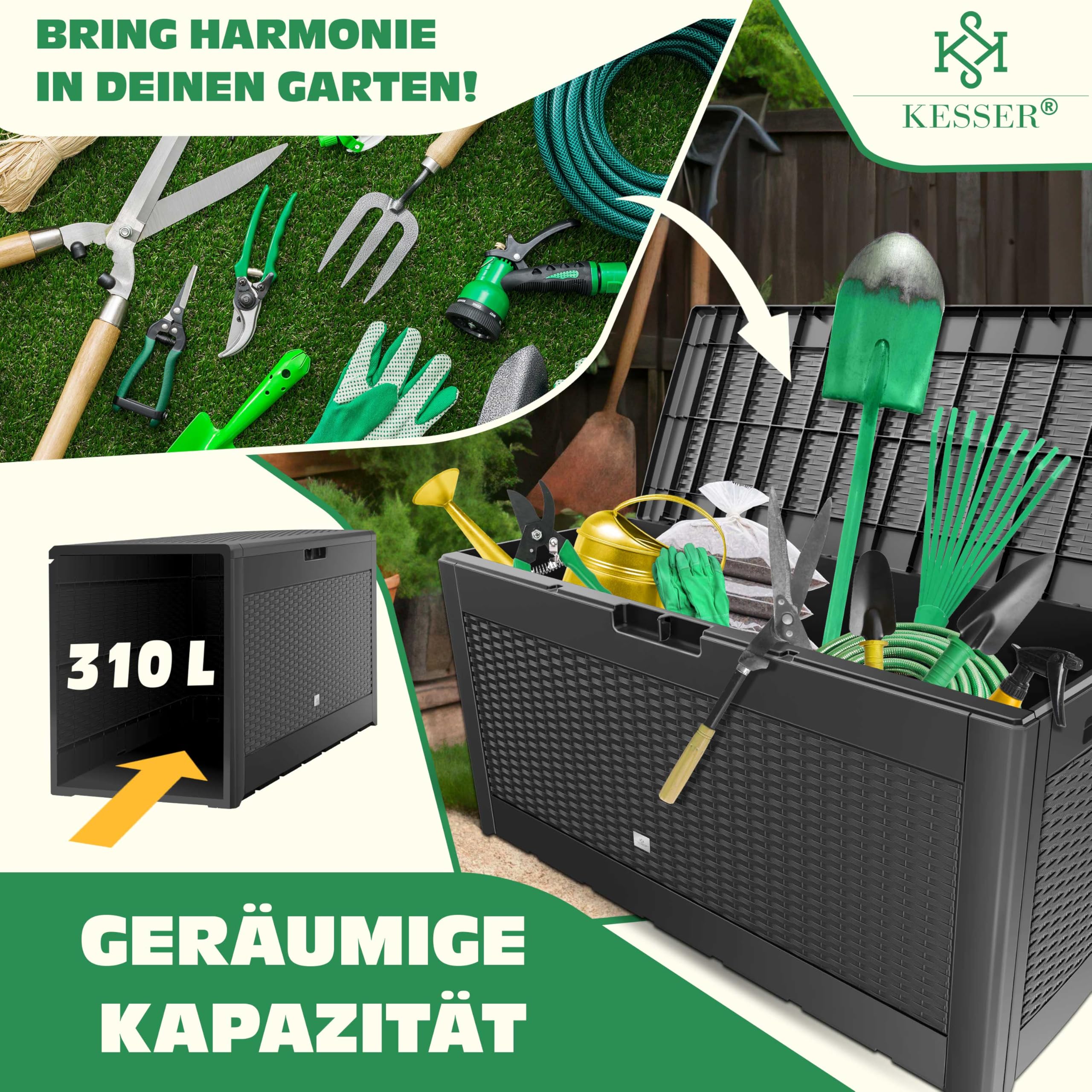 KESSER® Auflagenbox Kissenbox 𝟯𝟭𝟬𝗟, Klicksystem, mit Rollen & Haltegriffen, Deckel mit Hubautomatik, abschließbar, bis zu 290kg, Gartenbox Wasserdicht, Vielseitige Kissenbox, Rattanoptik-Anthrazit