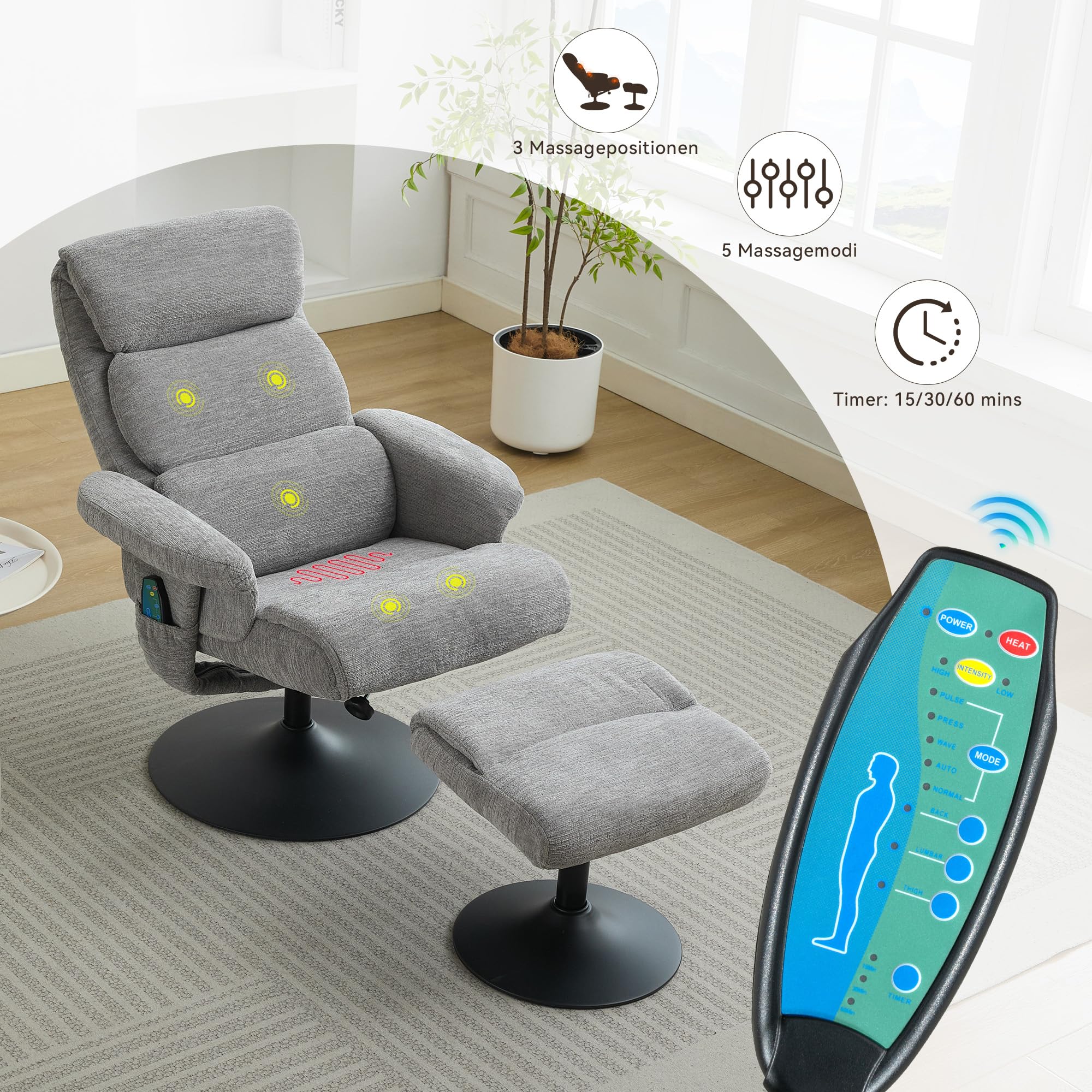 Sillón de relax reclinable con masaje de 5 puntos, sillón y taburete giratorio 360°, tela de chenilla gris