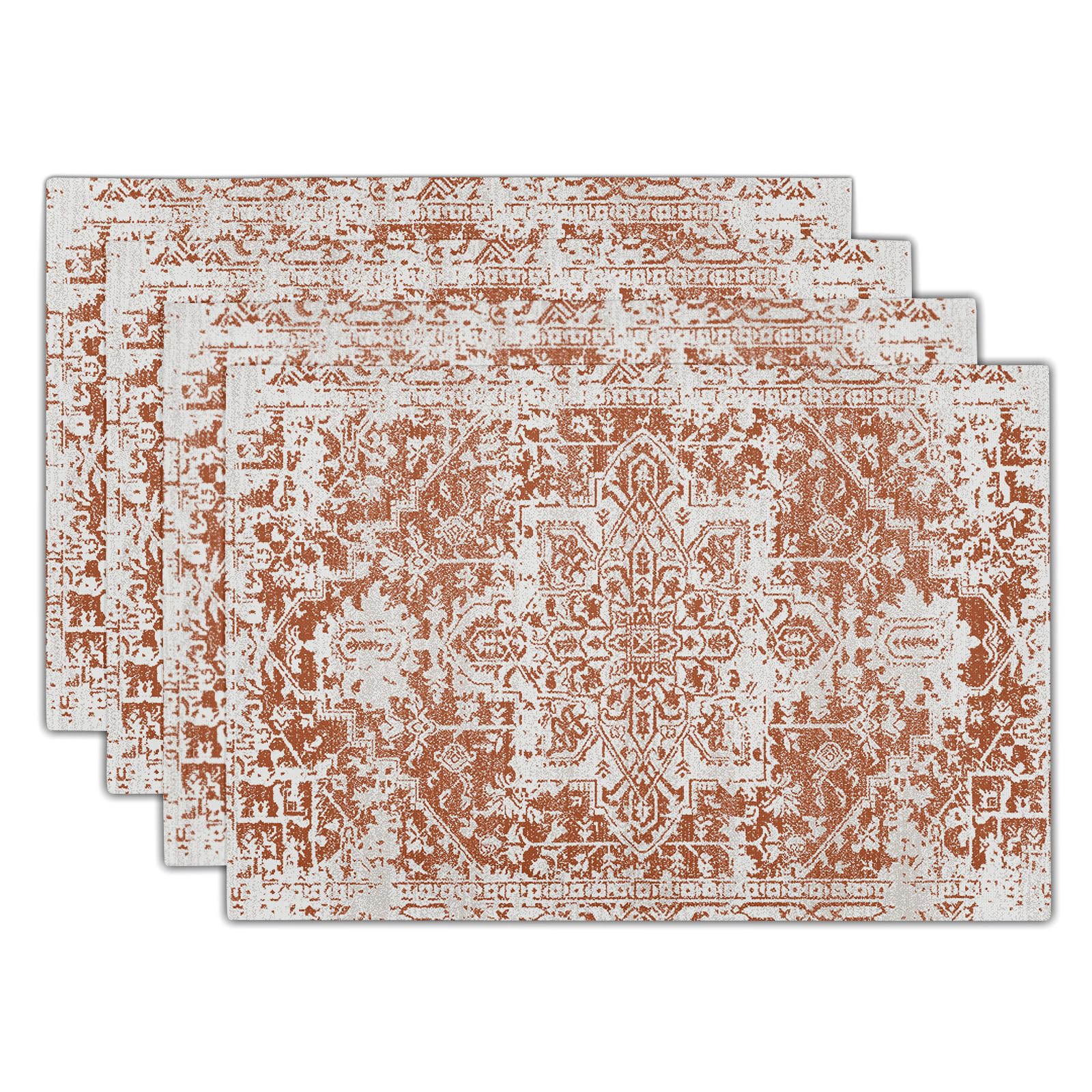 Gray Burnt Orange Boho Placemats Set of 4 Ethnic Bohemian Carpet Place Mats Washable Kitchen Dining Vintage Grey Geography Floral Linen Table Mats Stain Heat-Resistant for Home Party Indoor 12x18 in