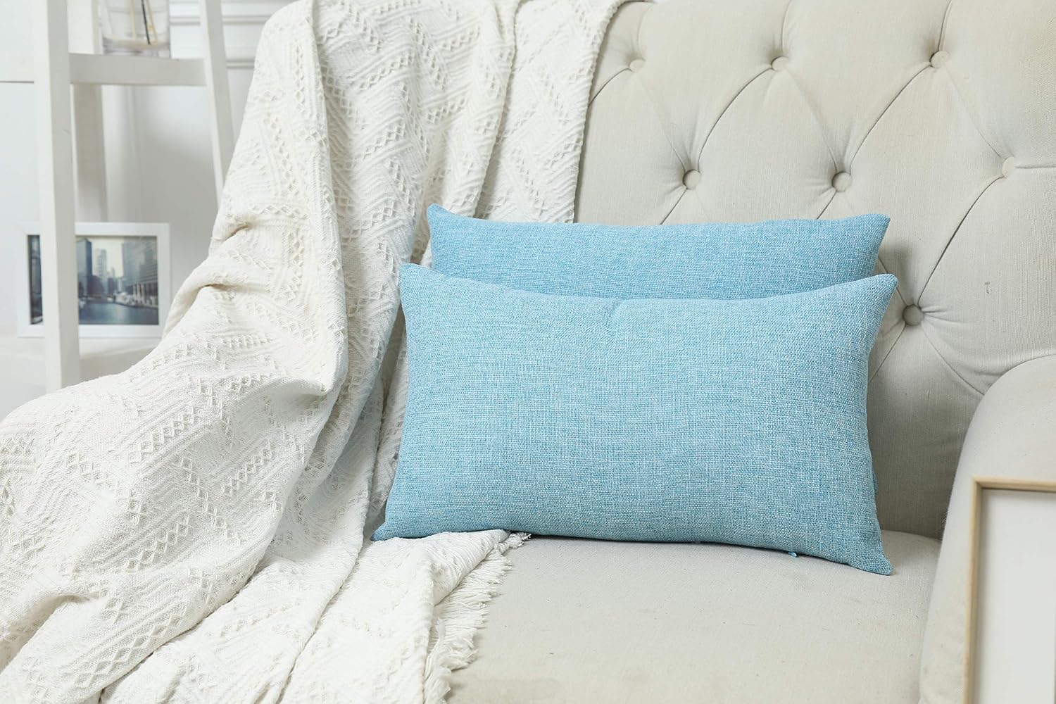 Pack of 2 Cotton Linen Throw Pillow Covers, Soft Square Pillowcase, Decorative Cushion Cover with Modern Classic Style for Sofa/Couch/Bed/Home Decor, 18 * 18，Light Blue(Light Blue, 18"x18")