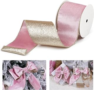 Pink Velvet Wired Ribbon with Glitter Back, 4 Inch, 10 Yards | Pink and Gold Christmas Ribbon, For Christmas Tree, Gift Wrapping, Mantel, Wreaths Supplies, Topper Bows, Holiday Decor