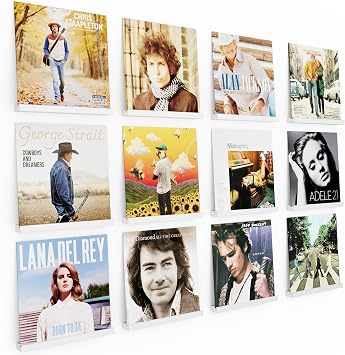 Emfogo Vinyl Record Shelf Wall Mount, 12 Pack Album Record Holder Wall, White12 inch Vinyl Record Storage Shelves Wall, Wood Record Display Weathered White