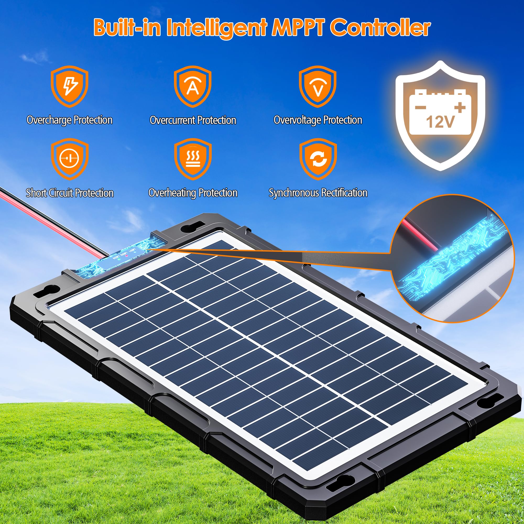 Rhorawill Chargeur et mainteneur de batterie solaire 8 W 12 V, kit de charge étanche pour panneau solaire, contrôleur de charge intégré, chargeur solaire pour voiture, bateau, camping-car, moto