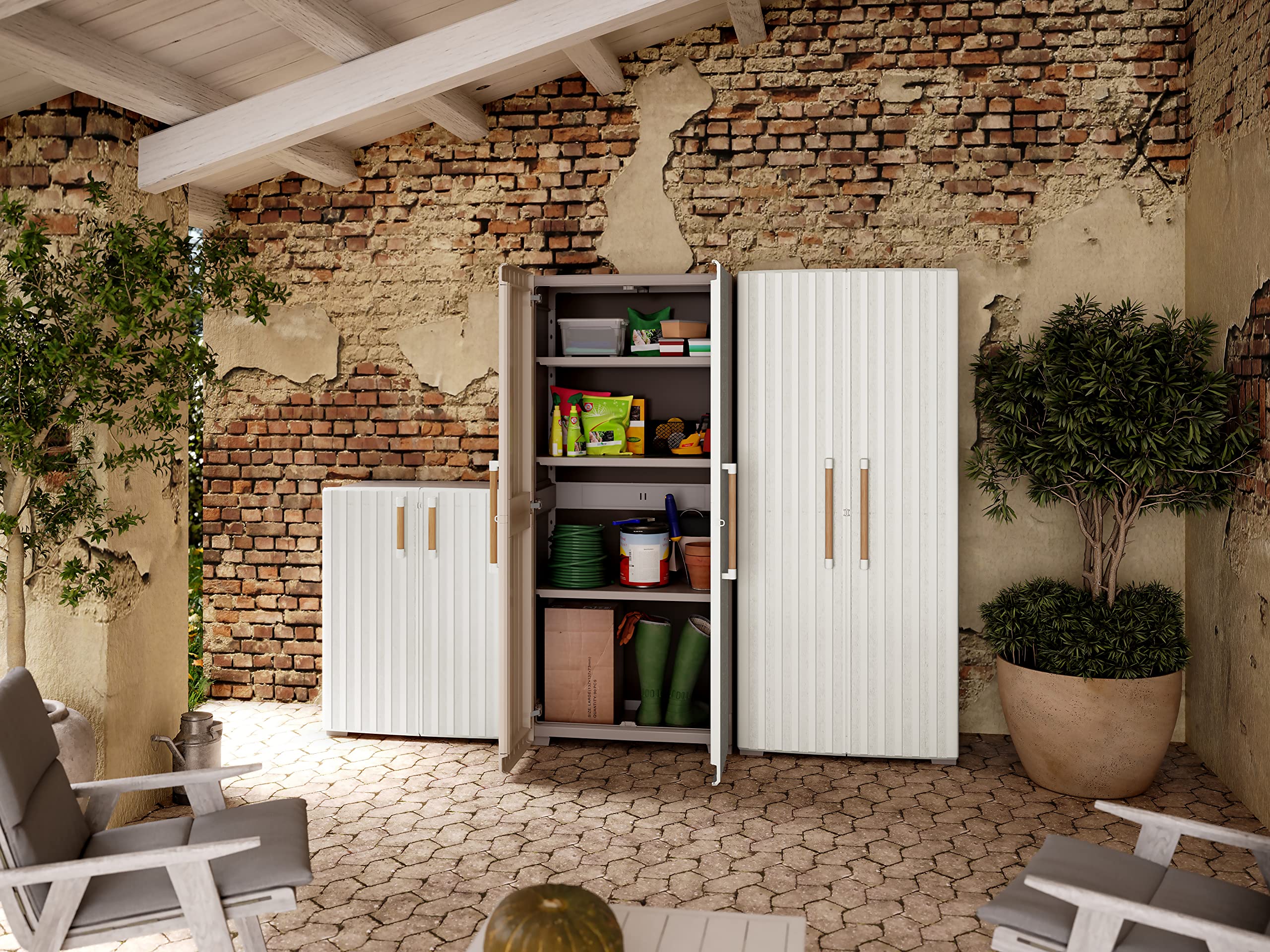 Keter Groove Armadio Alto da Esterno, Porte Effetto Legno, Beige/Sabbia, 80x45x180 H cm