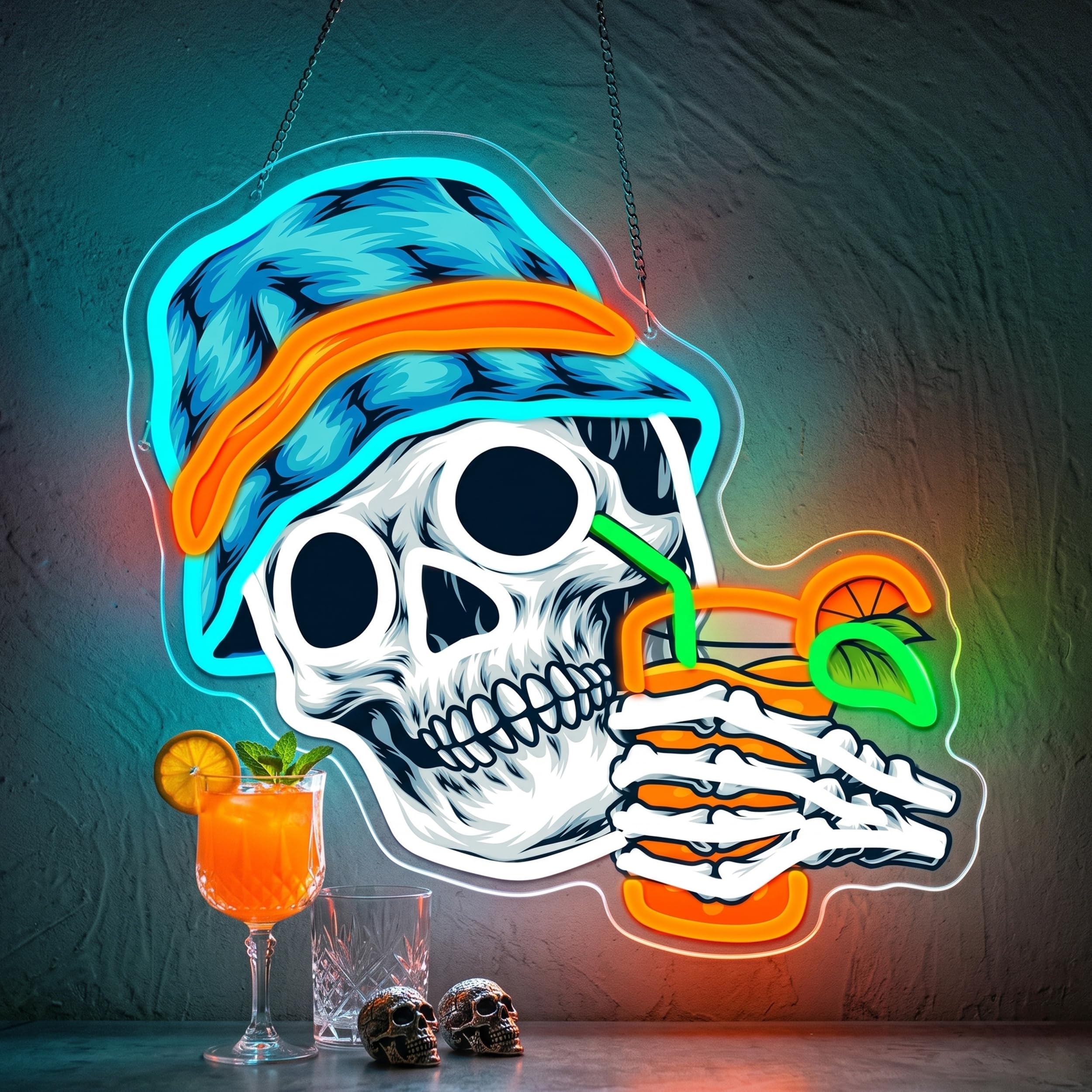 GGAQQ Hawaii Vibe Skull Neon Sign for Wall Decor, Skeleton with Trendy Blue Bucket Hat and Juice LED Light Hanging Sign USB Powered with Dimmable Switch for Bar Café Bistro Tea Room Bedroom