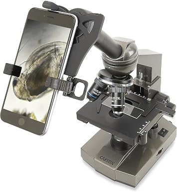 Carson Beginner 100-1000x Compound Student Microscope with Mechanical Stage, Universal Smartphone Digiscoping Adapter, and CarsonCam Phone App MS-100SP
