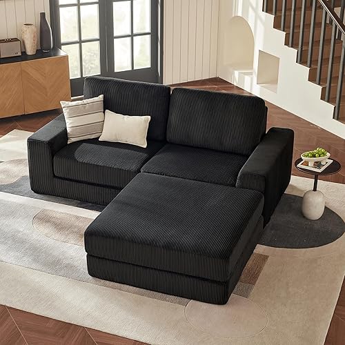 Miniatura 7 de Sofá modular de pana con asiento profundo, sofá modular de pana con otomana, sofás seccionales para sala de estar, no requiere montaje (negro)