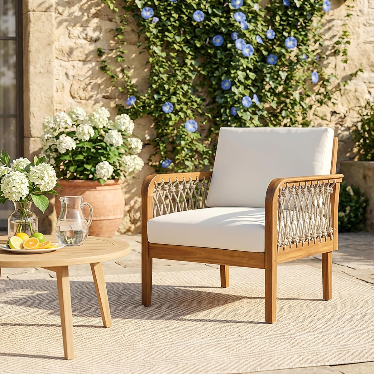 Arami Silla de salón de madera de acacia para exteriores con cojín extraíble, silla decorativa de madera maciza para patio con diseño de tejido de cuerda, juego de muebles de patio, sofá, beige+crema+teca