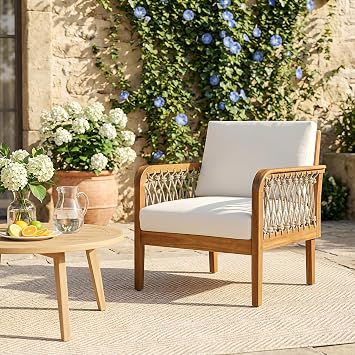 Christopher Knight Home Arami Acacia Wood Lounge Chair Outdoor with Removable Cushion, Solid Wood Patio Accent Chair with Rope Weave Design, Patio Furniture Set Sofa Chair, Beige+Cream+Teak