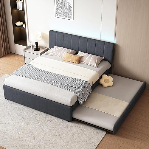 Queen Size Upholstered Platform Bed with Trundle and USB/Type-C Charging, Linen Fabric Full and Twin Double Bed w/LED Lights with APP for Bedroom,Dark Gray