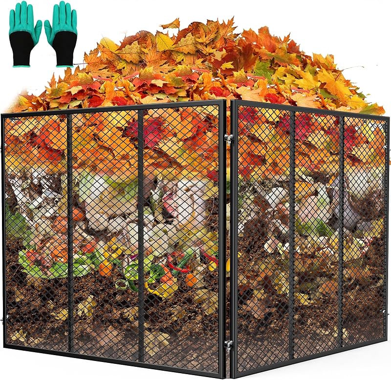 Contenedor de abono grande, compostador de malla de alambre de metal de 172 galones para exteriores, contenedor de abono impermeable con revestimiento a prueba de óxido, contenedor de abono de fácil montaje para jardín, patio, desechos de cocina, hojas, 37 x 37 x 30 pulgadas