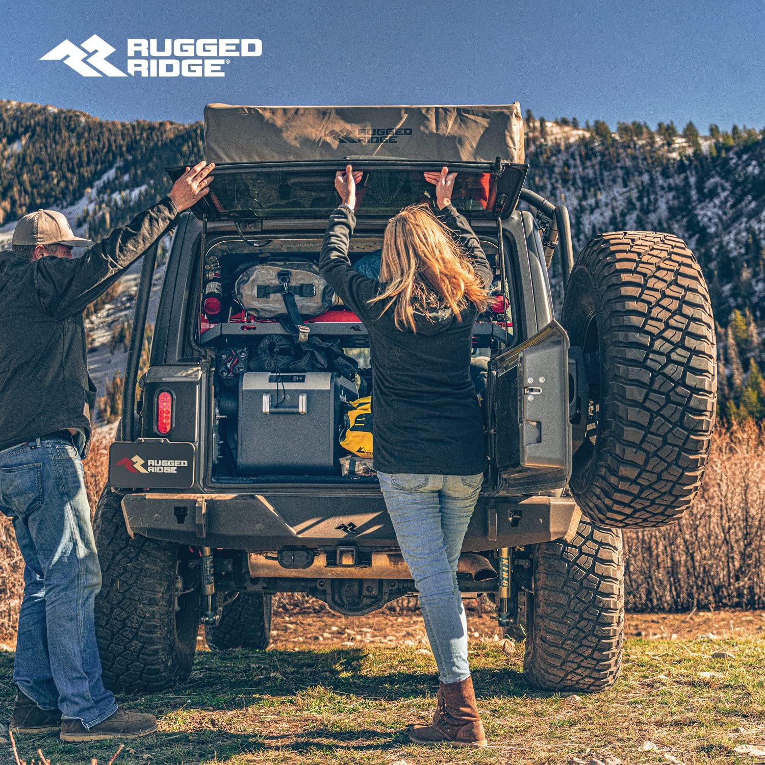 Rugged Ridge HD Bumper - Rear Bumper - Fits 2018–2025 Jeep Wrangler JL - Steel Construction with Satin Black Finish & Massive Recovery Hooks - With Tire Carrier