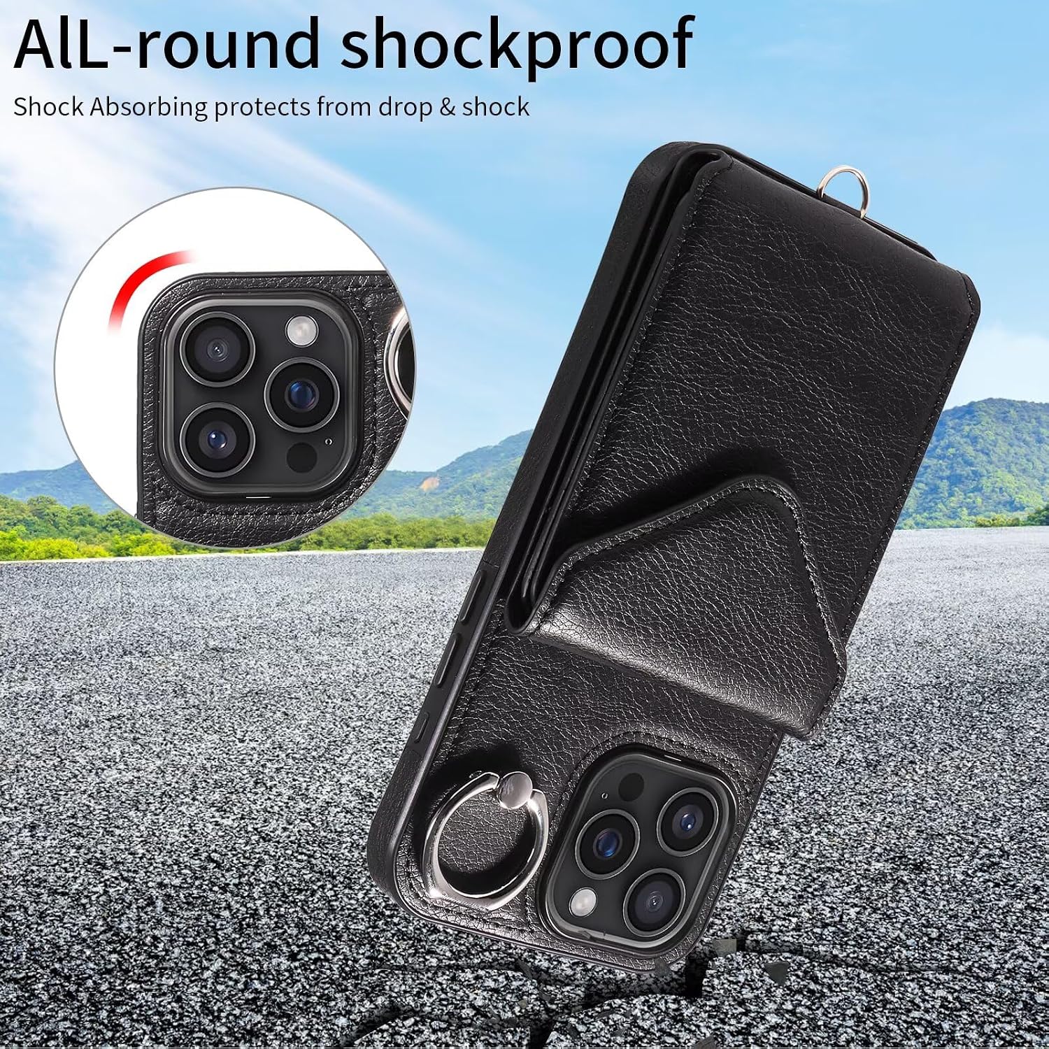 Compatible with iPhone 16 Pro Max Wallet Case, Premium PU Leather with 5 Card Slots Durable Ring Holder Phone Case with Strap, Ejector Pin & SIM Card Storage, Protective Shockproof Phone Cover Black