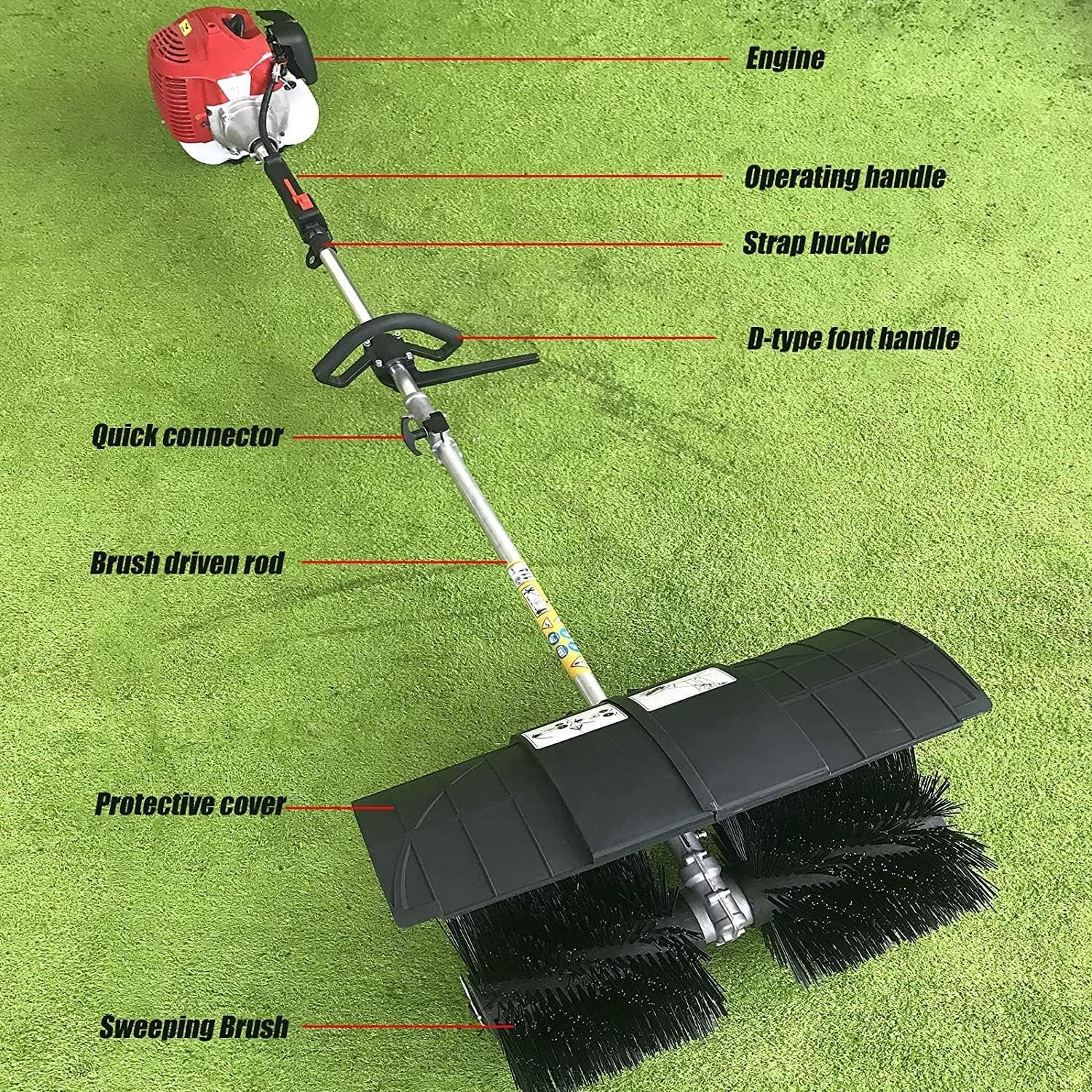 Zamiatarka pchana z silnikiem dwusuwowym benzynowym o pojemności 52 cm3 i osłoną ochronną, o mocy 1700 W i mocy 2,3 KM, do czyszczenia trawników, opadłych liści, sztucznej trawy i żwiru.