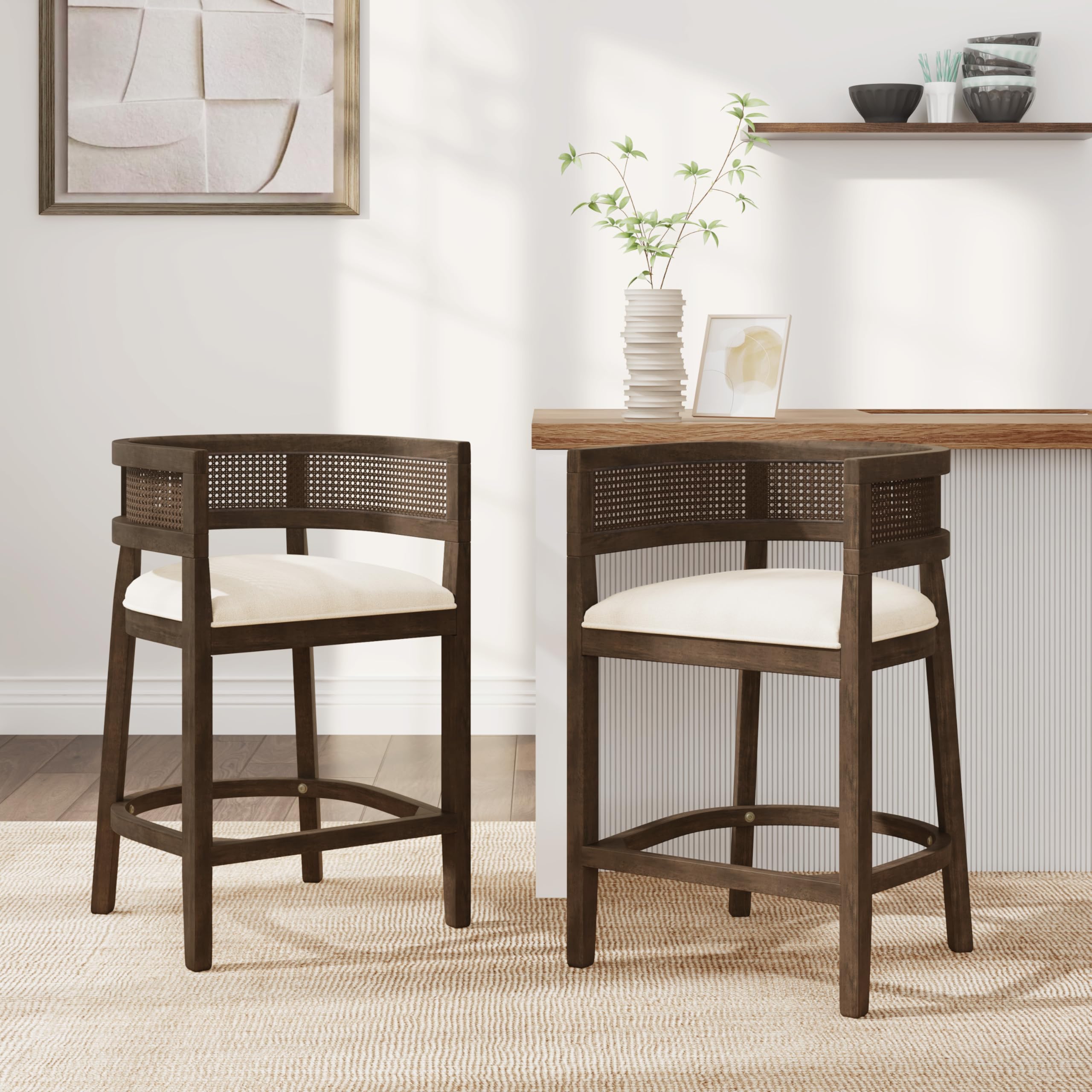 Set of 2 Upholstered Arm Counter Stools with Solid Rubberwood Frame & Natural Rattan Caned Back,Soft Padded Seating,Transitional Farmhouse Chairs for Kitchen Island Dining Room,25.5" H Walnut