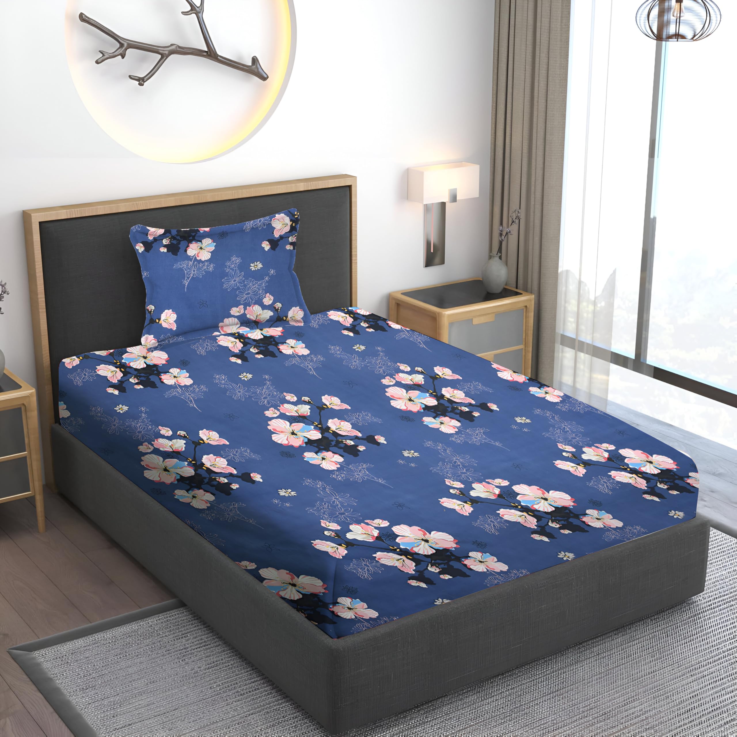 IVAZA Cotton Feel Floral Printed Bed Sheet Set - Wrinkle-Free Single Size With Pillow Cover, Hypoallergenic (60x90 Inches, Grey Dark) - View #2