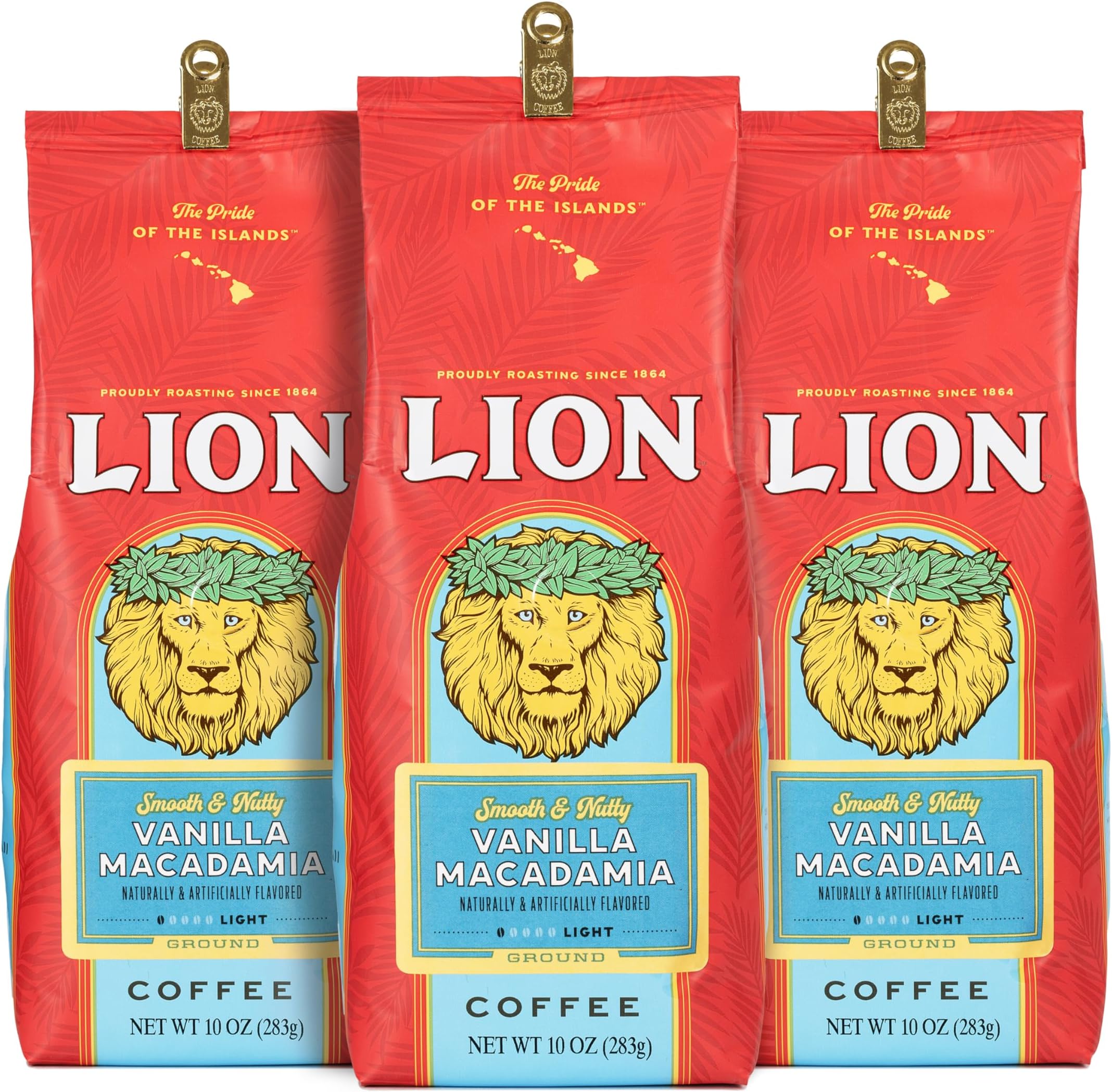 Lion Coffee 3-Pack Vanilla Macadamia Flavored Ground Coffee, Light Roast, Hawaiian Inspired Taste - 10 Ounce Bags (Pack of Three)
