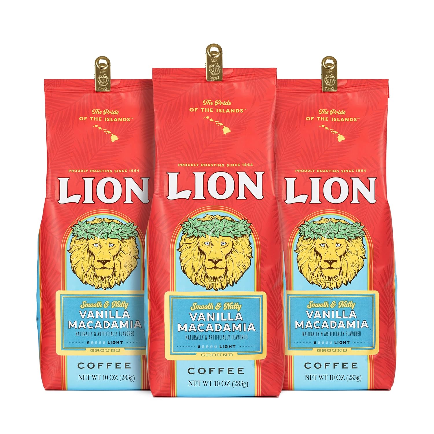Lion Coffee 3-Pack Vanilla Macadamia Flavored Ground Coffee, Light Roast, Hawaiian Inspired Taste - 10 Ounce Bags (Pack of Three)