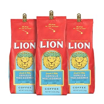 Lion Coffee 3-Pack Vanilla Macadamia Flavored Ground Coffee, Light Roast, Hawaiian Inspired Taste - 10 Ounce Bags Pack of Three