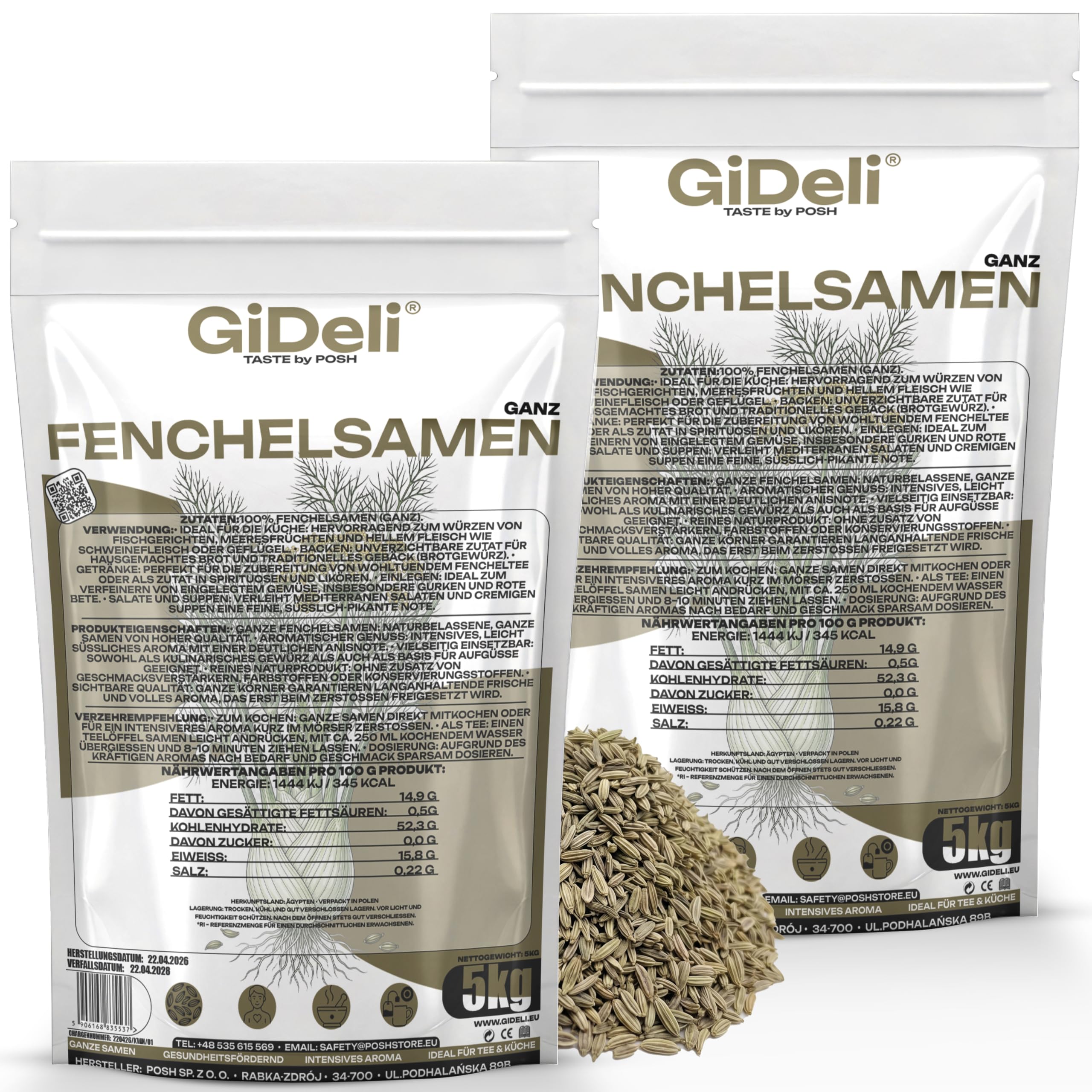 GiDeli Fenchelsamen Ganz aus Ägypten 2x5kg - 100% Naturrein & ohne Zusatzstoffe - Premium Fenchelsaat für Fencheltee, Kräutertee & Brotgewürz - Mediterrane Würze mit Anisnote