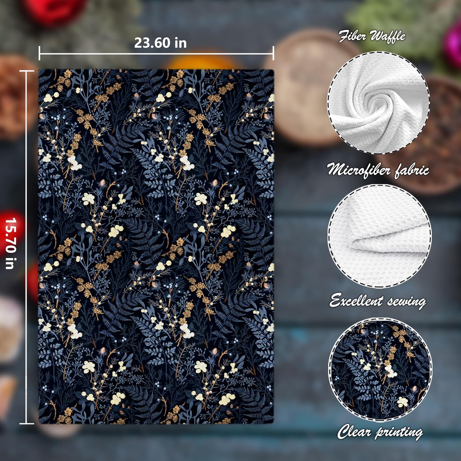 Vintage Navy Blue Floral Kitchen Towels, Dark Cottagecore Botanical Floral Hand Towels for Bathroom, Botanical Decor Dish Tea Towels for Kitchen, Cottagecore Bathroom Decor, 16x24 Inches - Image 2