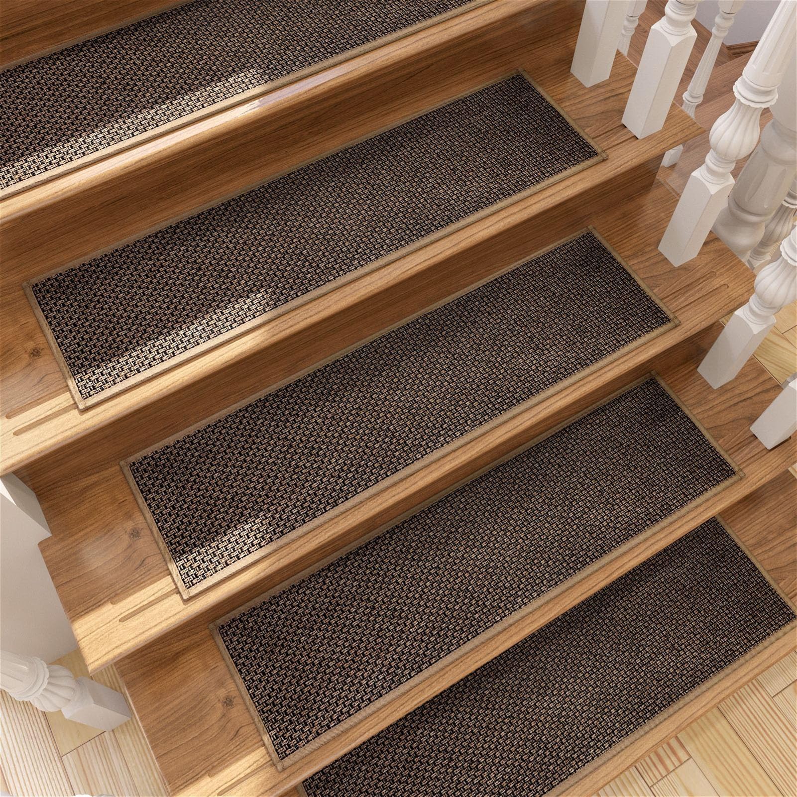 Tapis d'escalier antidérapant 30x8 pouces lavable aspect lin avec support caoutchouc