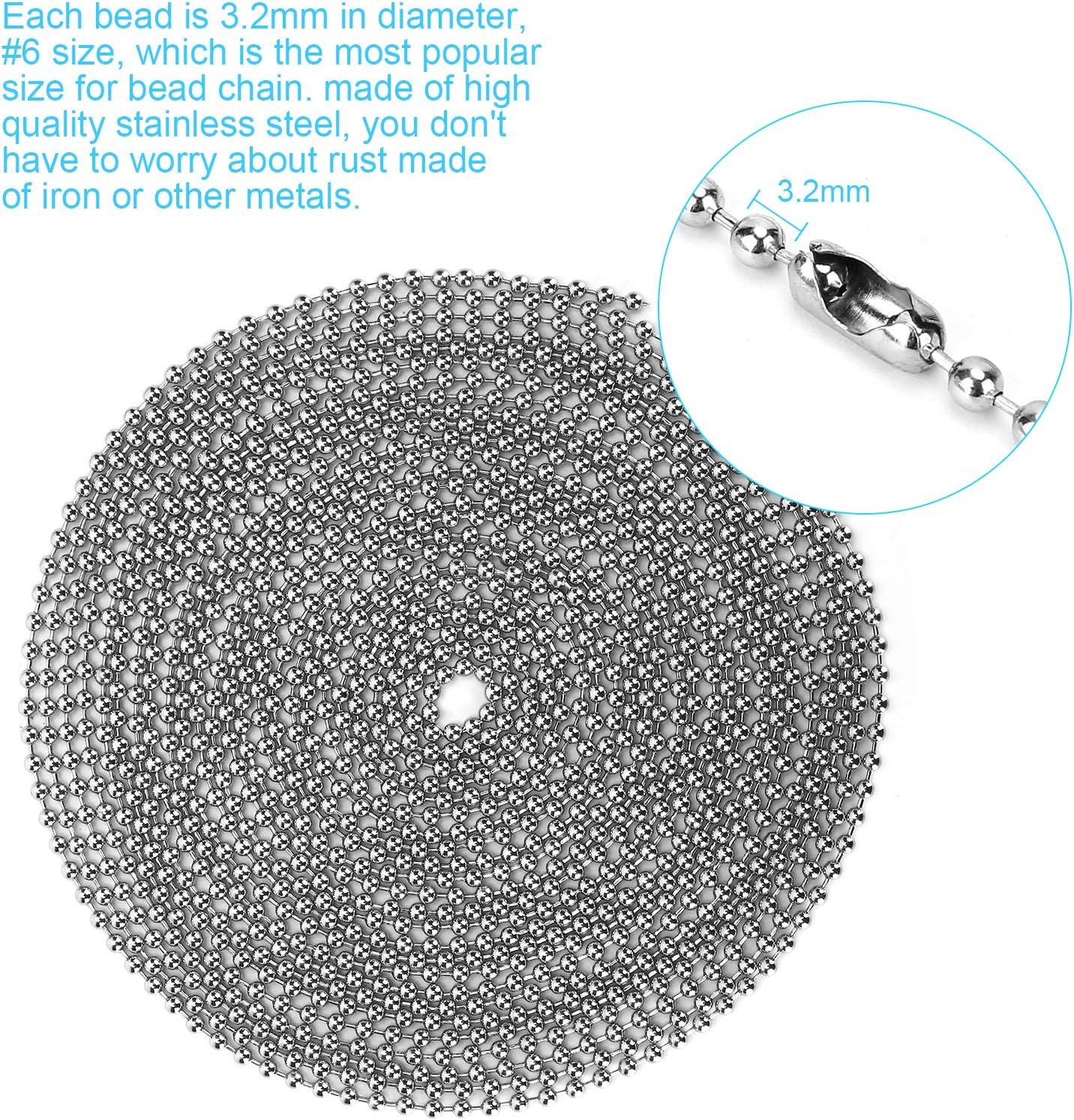 16 Feet Ceiling Fan Pull Chain Extender, Diameter 3.2mm Stainless Steel Ball Chain, Lengthen Light Pull Chain Extension, Resist the Huge Pull and Rustproof Bead Chain (24 PCS Connector 2 Styles) - - 