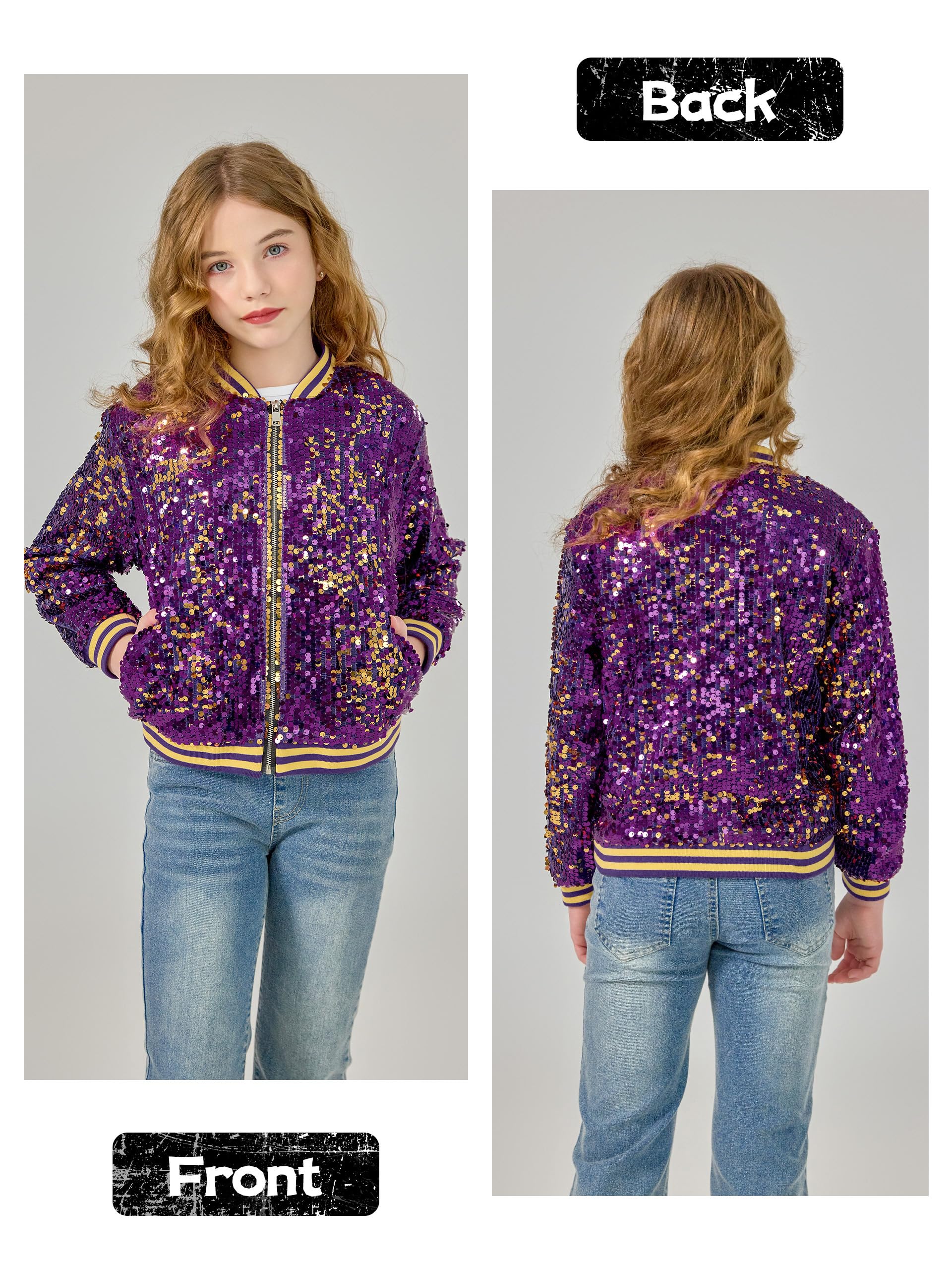 LOLANTA Ragazze Bomber di Paillettes con Tasche, Cerniera, Manica Lunga, Giacche da Baseball Scintillanti per Bambino 4-13 anni