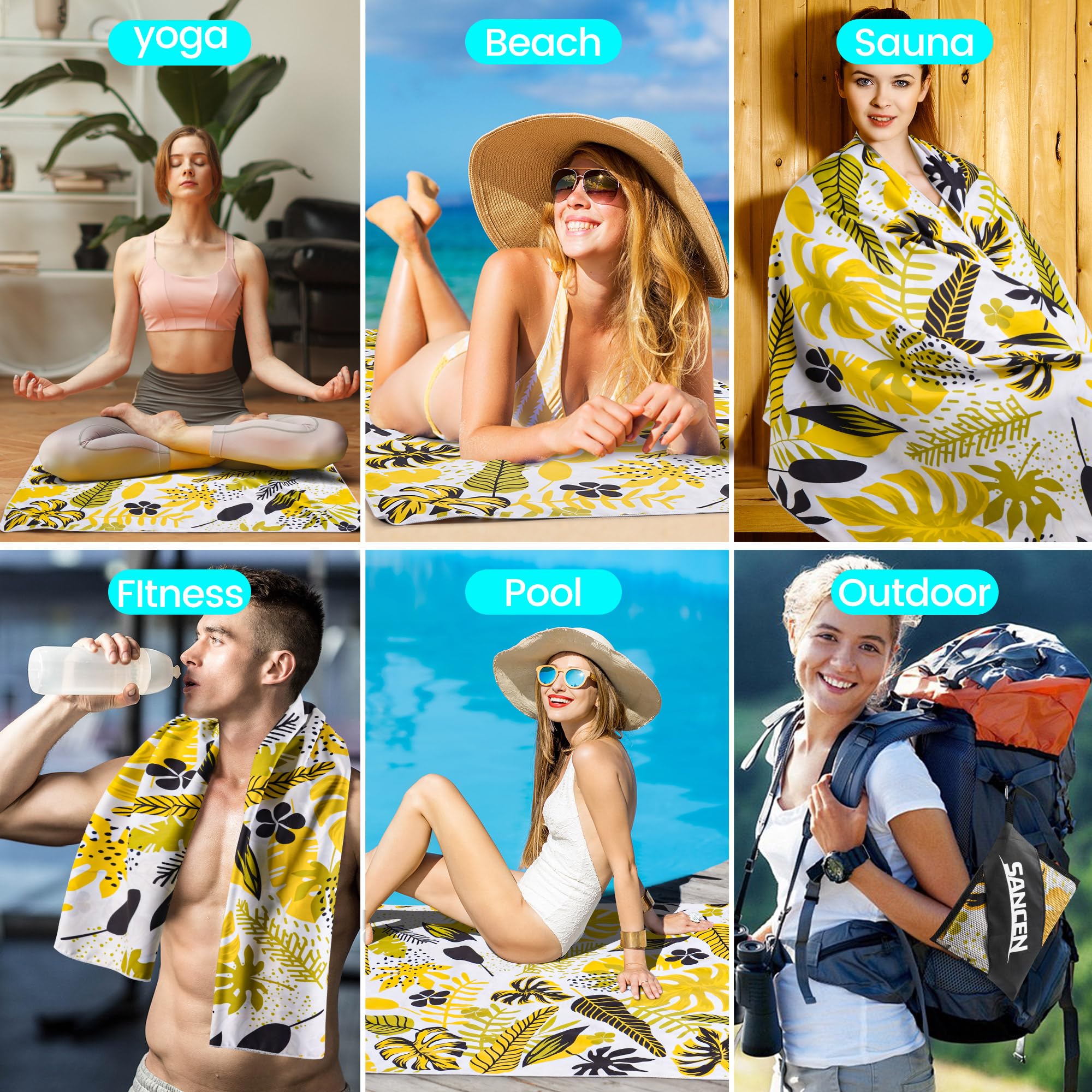 Ręcznik plażowy XXL, zestaw 2 sztuk, 90 x 180 cm, duży, szybkoschnący ręcznik z mikrofibry, bez piasku, koc plażowy, damski ręcznik plażowy (zielono-żółty)