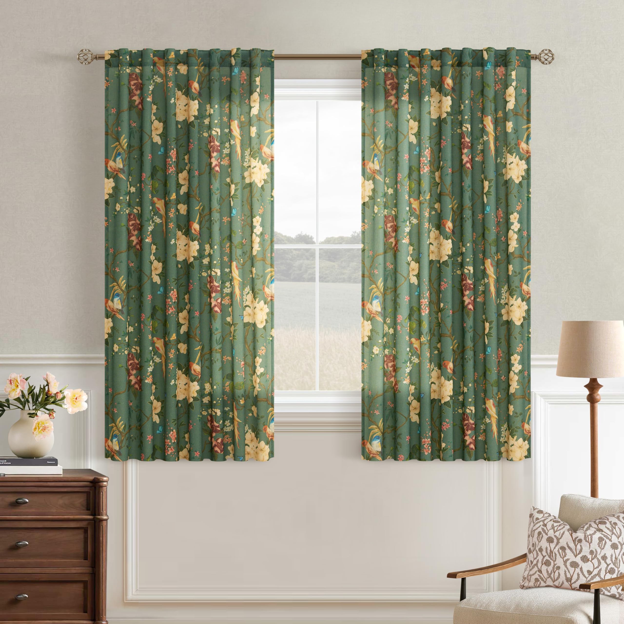 Dark Green Linen Floral Bird Short Kitchen Curtains 54 Inch Length 2 Panels | Back Tab,Olive Green,Leaf Patterned,Semi Sheer Light Filtering,Farmhouse,Flower Printed,Window Drapes for Cafe Laundry Room