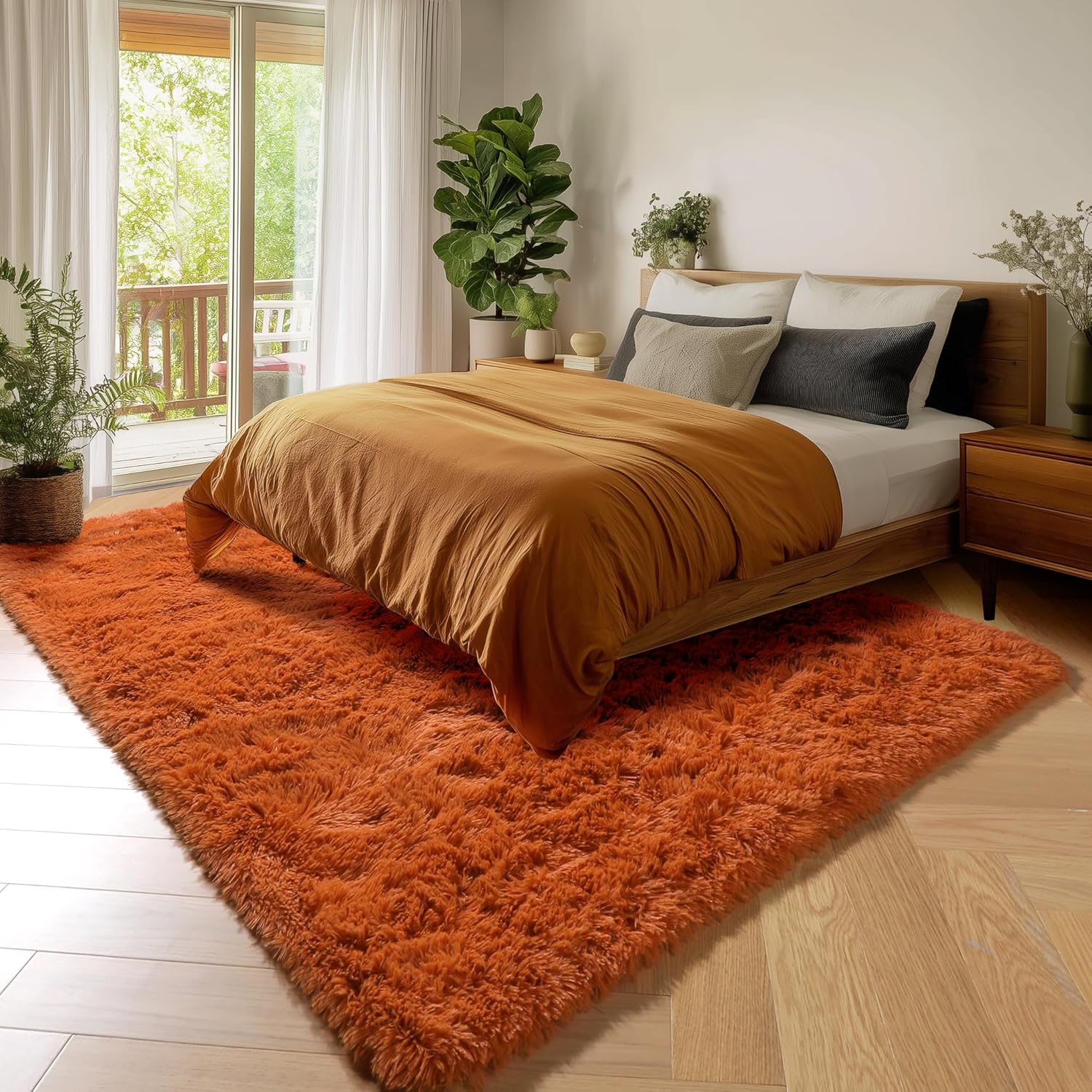 Amdrebio Burnt Orange Area Rugs 9x12 for Living Room Bedroom, Large Fluffy Fuzzy Shaggy Furry Rug for Kids Room Decor Aesthetic, Big Cute Plush Shag Dark Orange Carpet for Classroom Playroom Nursery