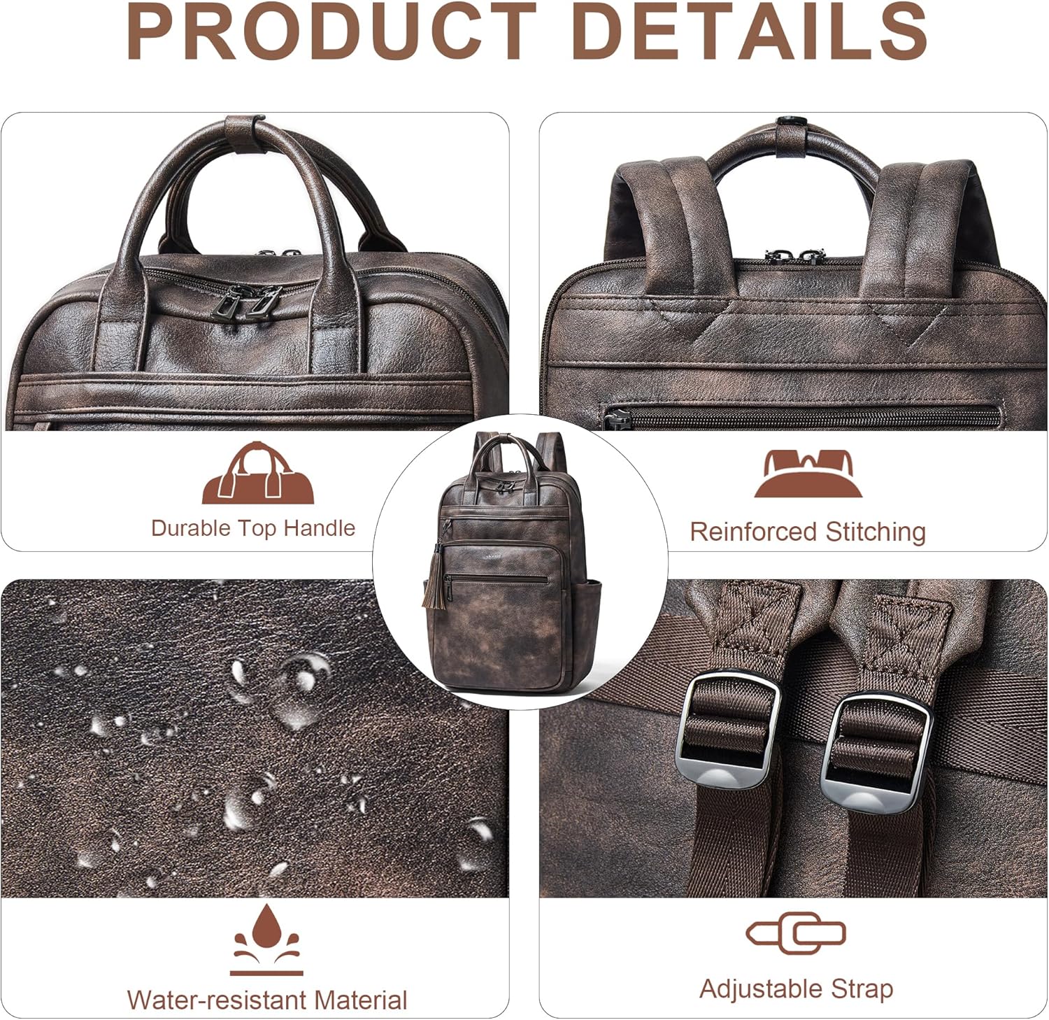 Shrrie Laptop Backpack for Women 15.6 inch Travel Leather Backpack Purse Work Computer Backpacks for Business College Coffee - Image 6